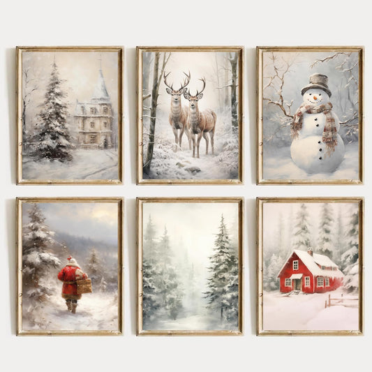 QBZWART Christmas Wall Art Set,6 Pieces 8x10 Inch Canvas Prints,Winter Holiday Theme with Tree,Snowman,Santa,Reindeer for Living Room,Farmhouse Decor,Unframed