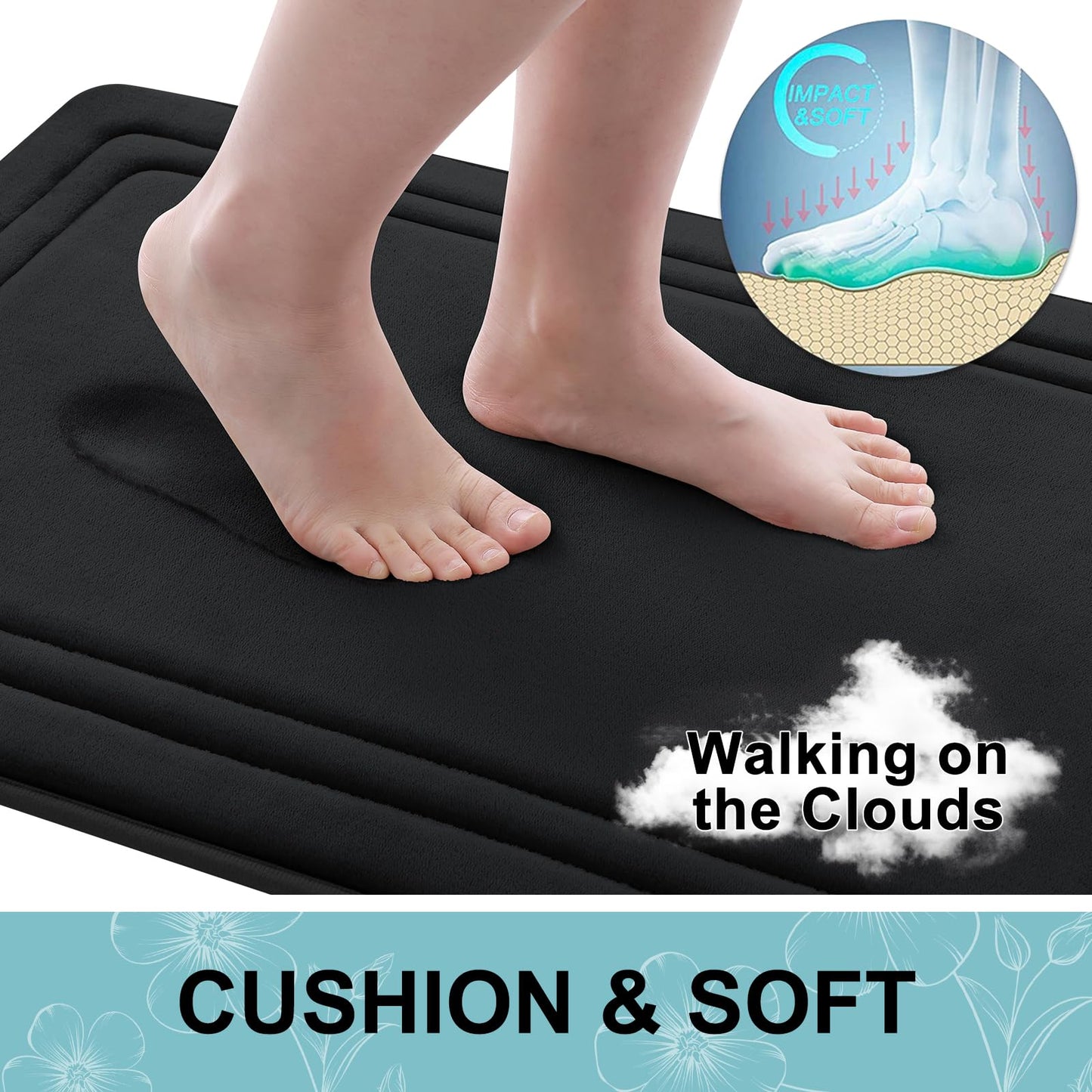 Grandaily Memory Foam Bath Mat Rug 30x20, Ultra Soft, Non-Slip and Absorbent Bathroom Rugs, Machine Wash Dry, Comfortable Bath Carpet for Bathroom Floor, Tub and Shower, Black
