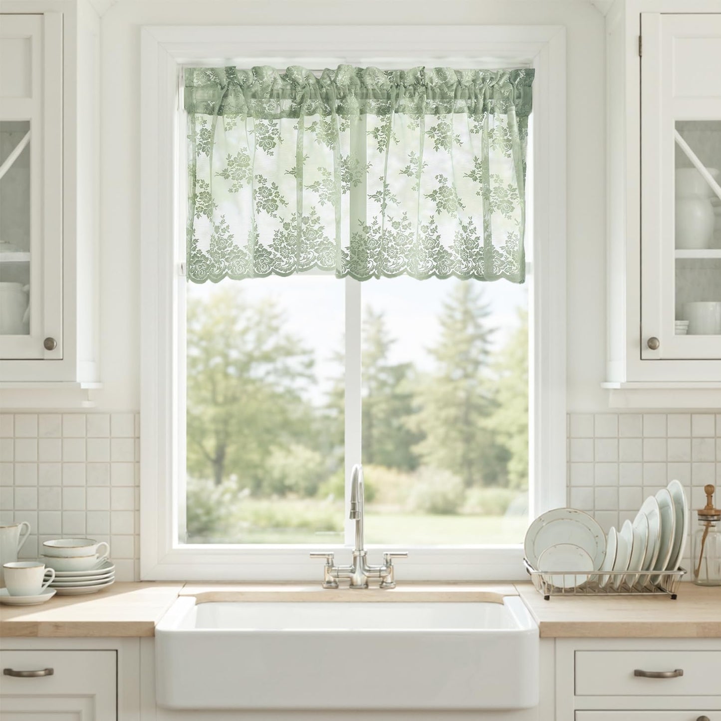 Kotile Light Sage Green Sheer Valance Curtain for Windows, Rustic Floral Muted Green Window Lace Curtain 18 Inch Length, Rod Pocket Light Filtering Valance, 52W x 18L Inch, 1 Panel