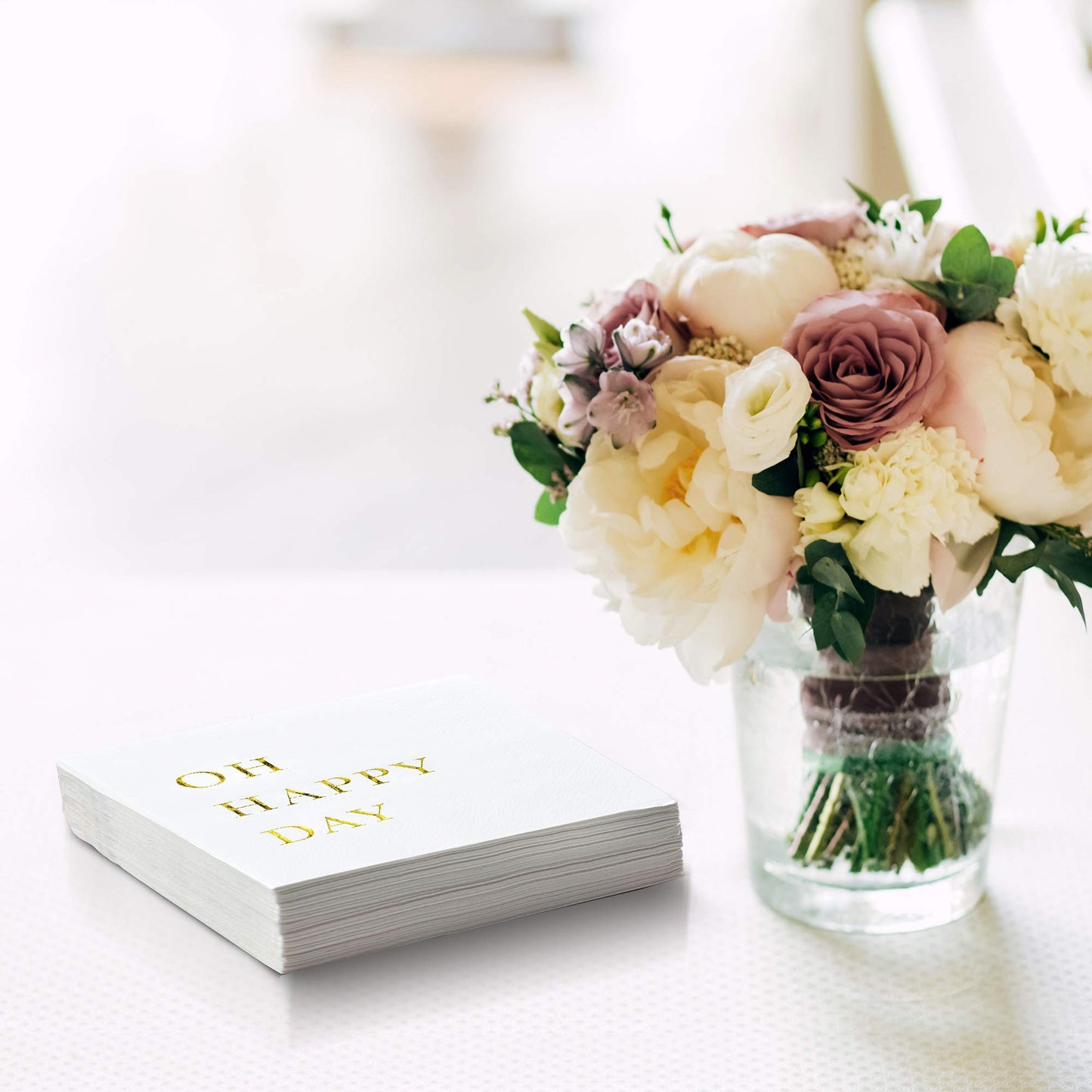 Oh Happy Day Cocktail Napkins - Gold Foil 3-Ply Disposable Napkins for Weddings, Engagements, Bridal Showers, Baby Showers, Birthdays, Anniversaries & Happy Celebrations