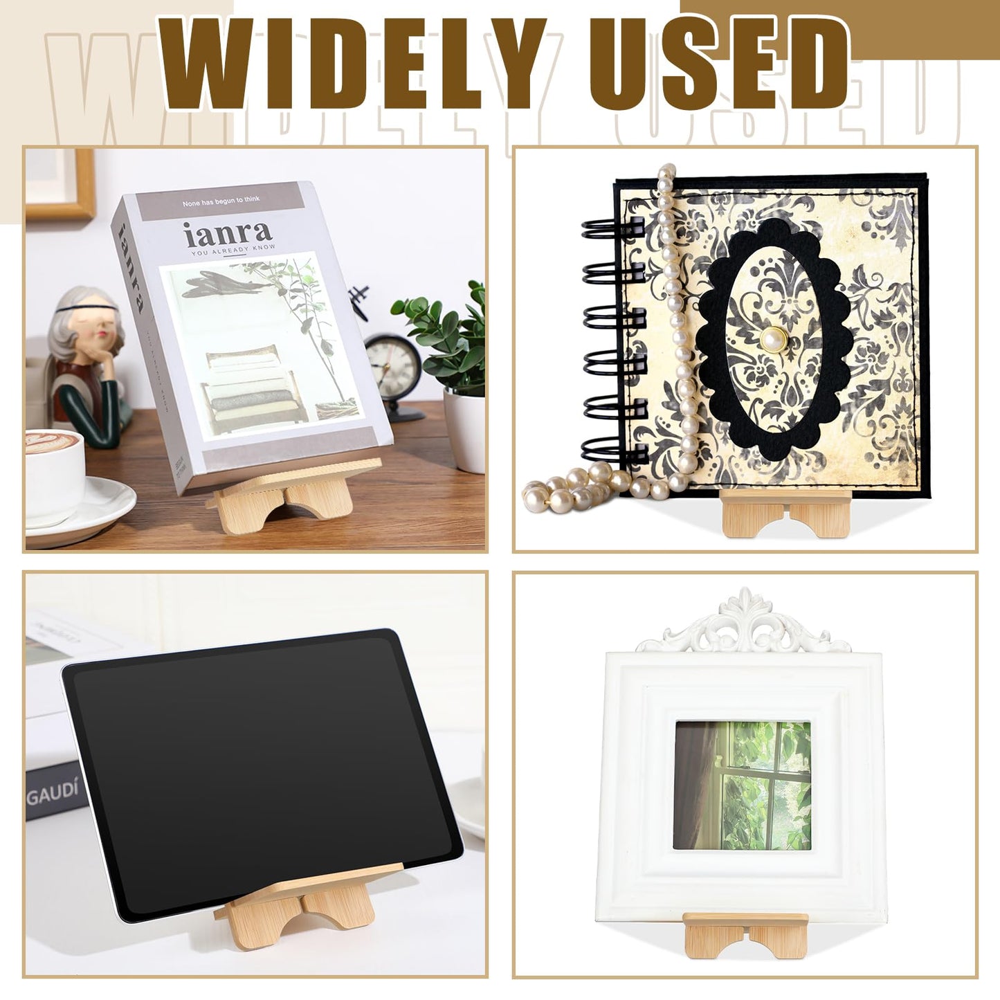 Memorywuu 4 Pcs Bamboo Book Stand for Display Book Holder Easel Stand Collector Display Back to School Gift for Home Office Album Cd Magazine Comic Postcard Picture Artworks