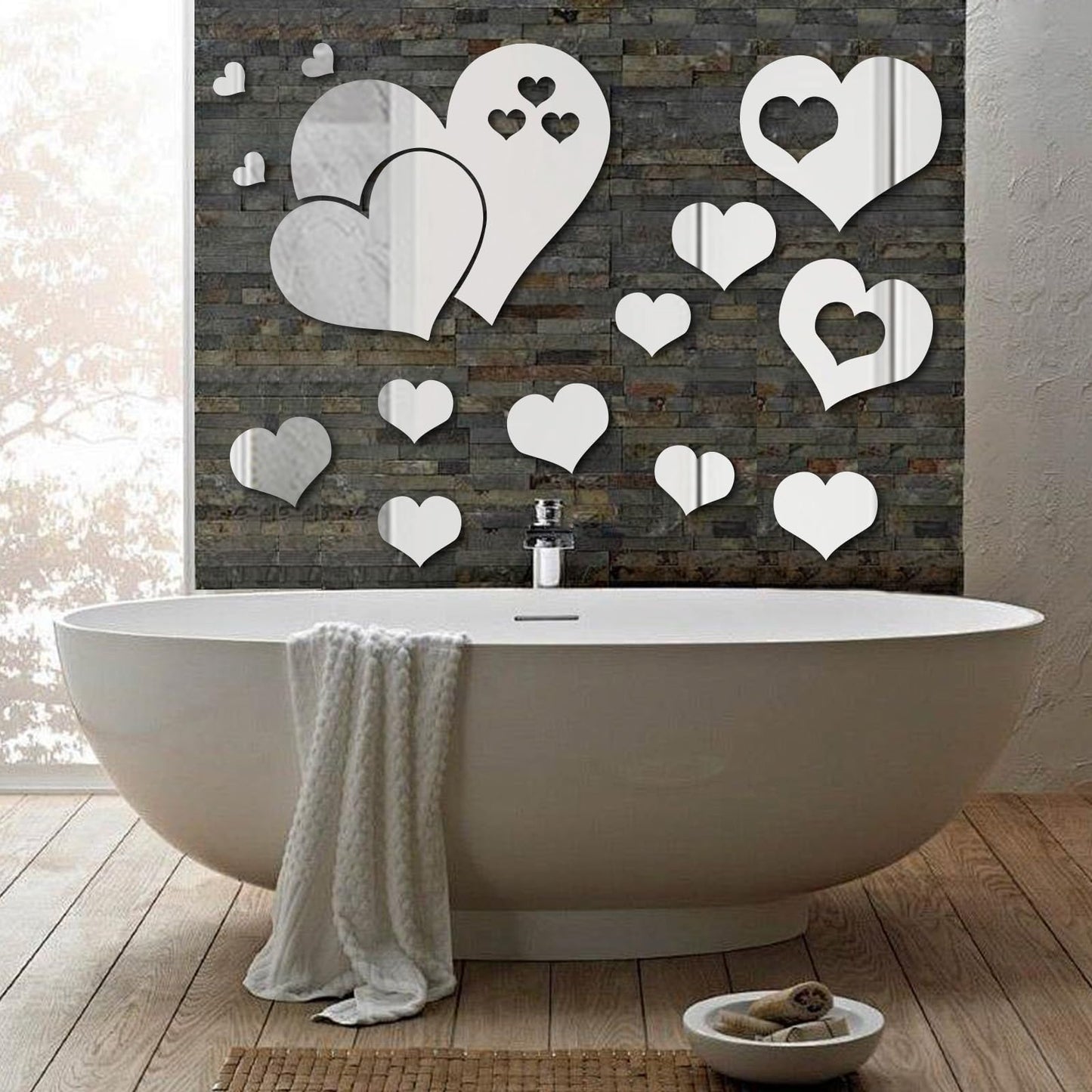 STNRST-IN 25 PCS Mirror Wall Decor, Acrylic Removable Heart Shape Mirror Stickers, DIY Self-Adhesive Wall Decor for Home Living Room Bedroom Bathroom Kitchen Sofa TV Background Decoration(Silver)