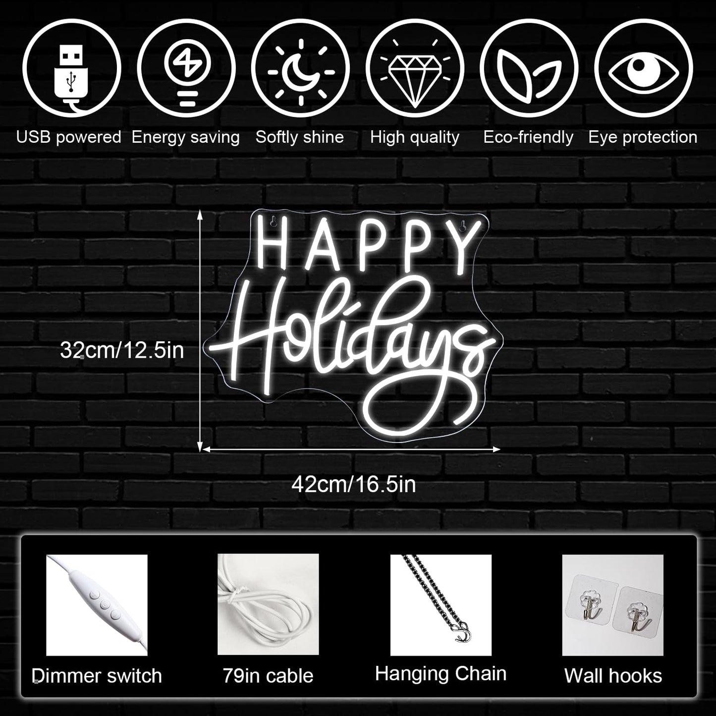 Horseneon Happy Holidays Neon Sign, Merry Christmas Neon Sign for Wall Decor, LED Sign with USB Powered for Party, Home, Bedroom, Living Room, Bar