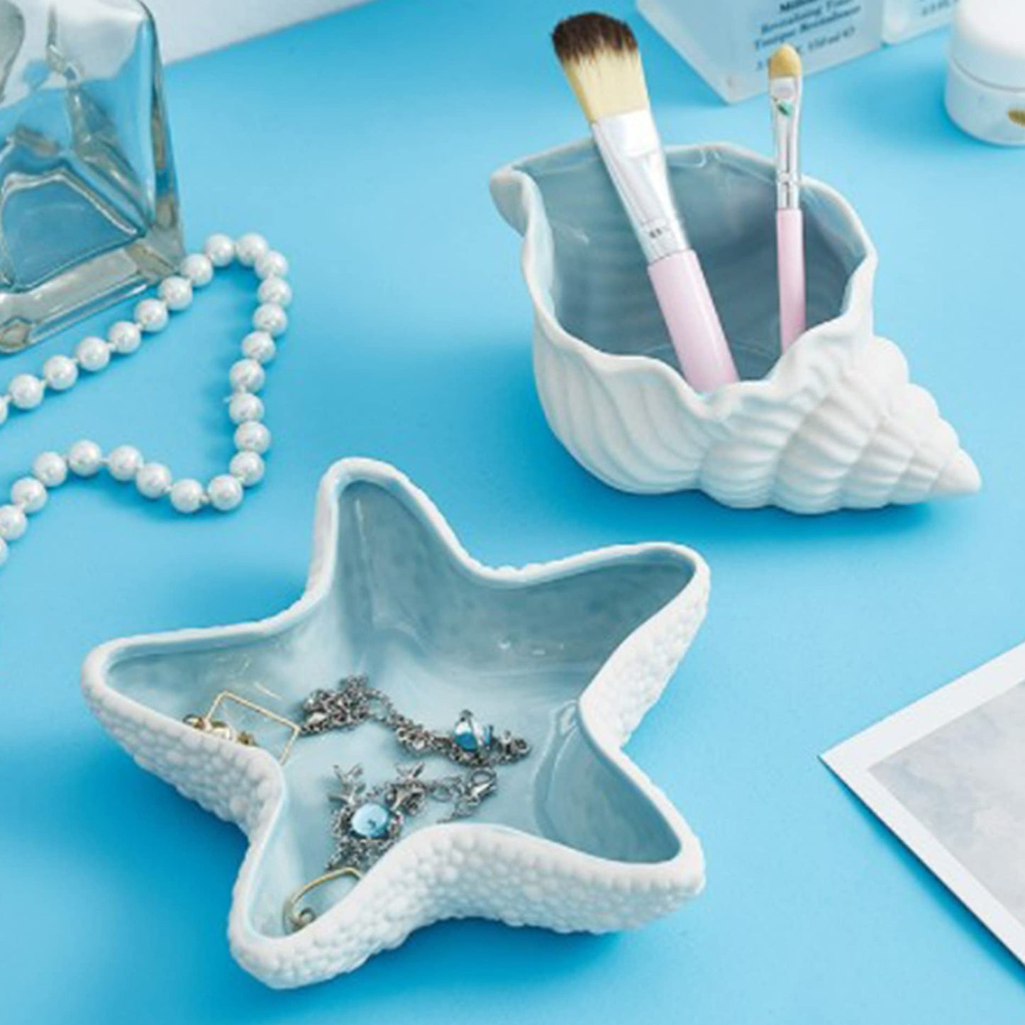 MY MIRONEY Ceramic Jewelry Dish Small Conch Shape Jewelry Tray Rings Bracelet Trinket Holder Ocean Style Earrings Necklace Storage Dish Decorative Key Bowl
