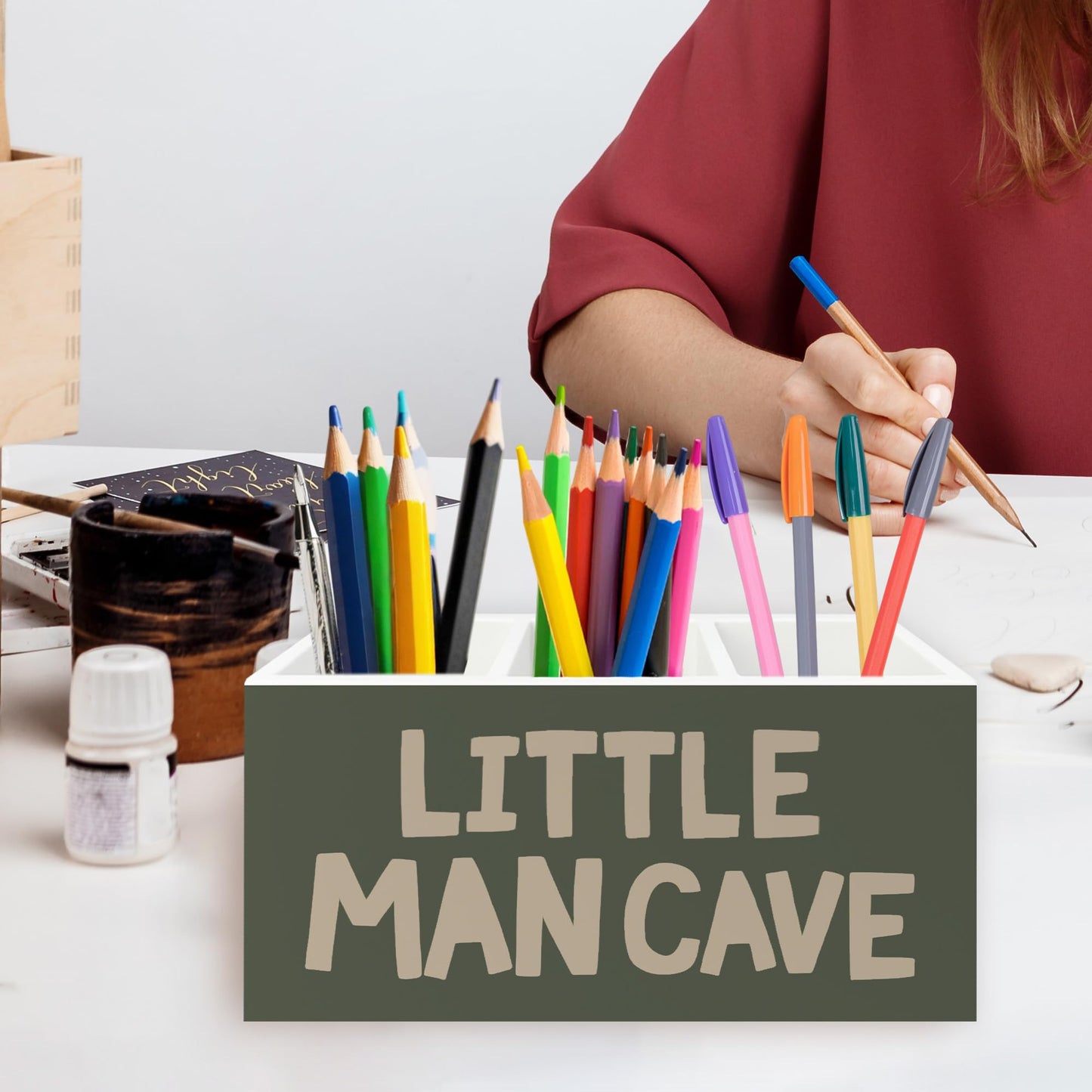 QZQE Boy Nursery Green Pen Pencil Holder Organizer for Desk, Little Man Cave Wooden Box Signs Decorations for Kids Room Bedroom Playroom Classroom Desk Tabletop, Boy Room Decor