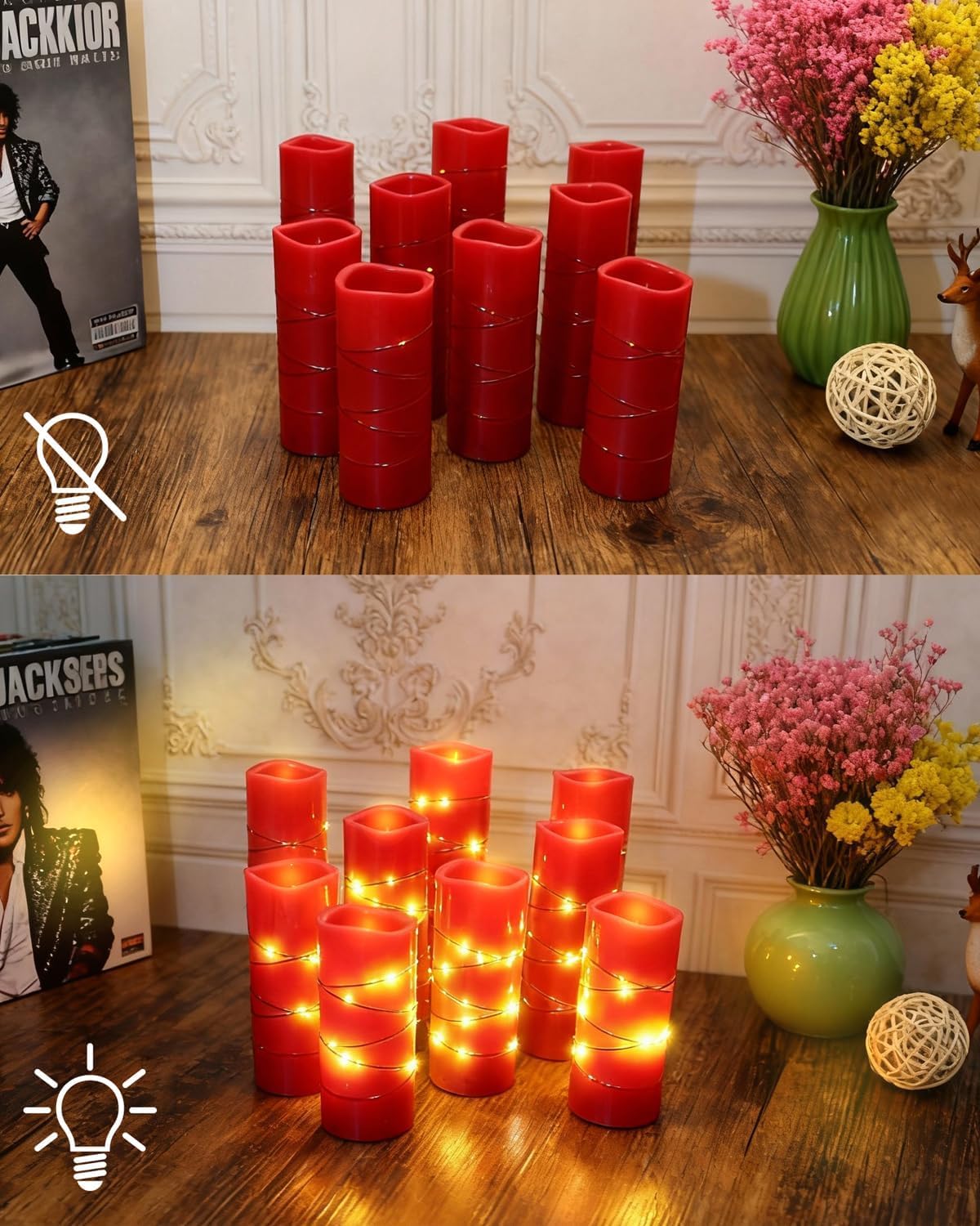 Pierty Red Real Wax Flameless Candles, 9-Piece Set with 2 Remote Controls, Featuring Realistic LED Lighting Effects. Ideal for Home Decor and Holiday use. Battery-Powered.