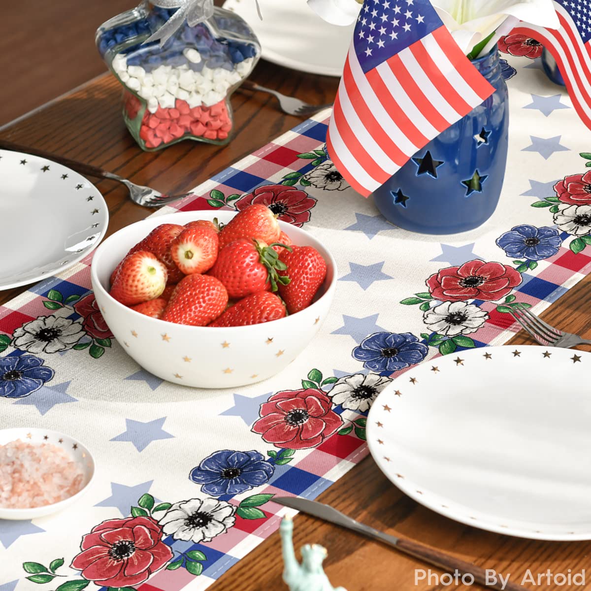 Artoid Mode Buffalo Plaid Vases Flowers Patriotic Memorial Day 4th of July Table Runner, Independence Day Holiday Kitchen Dining Table Decor for Home Party Decoration 13 x 72 Inch