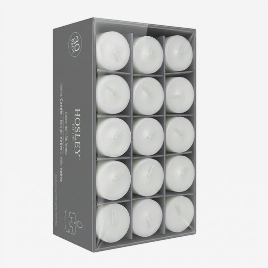 Hosley Set of 30 Unscented White Votive Candles – Bulk Pack, Clean-Burning, Long-Lasting 10-12 Hour Burn Time – Ideal for Weddings, Home Décor, Spa, and Events