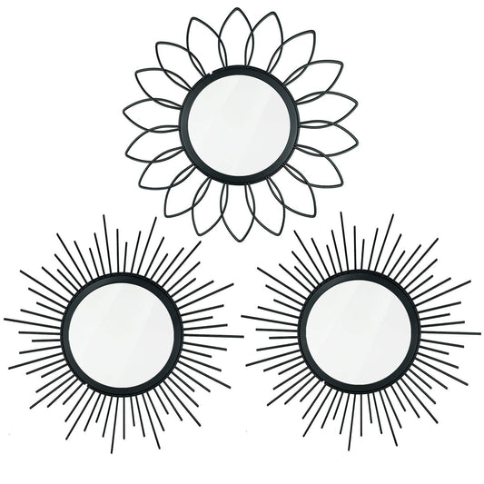 3 Pack Metal Mirrors for Wall Sunburst Wall Mirrors Home Décor Decorative Hanging Wall Art for Living Room Bedroom Entryway (Black, Flower+Sunburst)