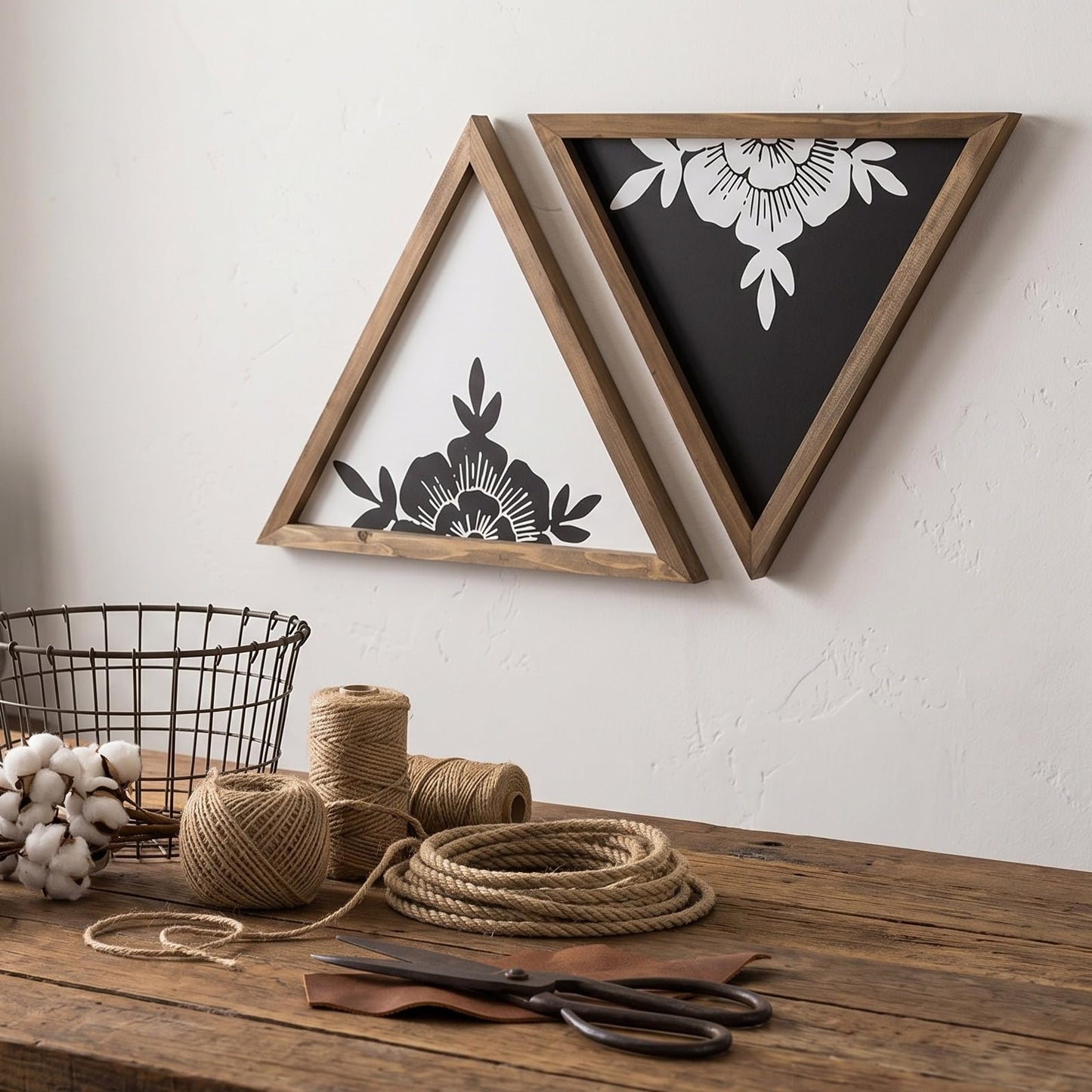 flangairy Floral Wall Decor Wooden Botanical Wall Art Framed Boho Wood Geometric Triangles Black White Bedroom Bathroom Room Home Decorations