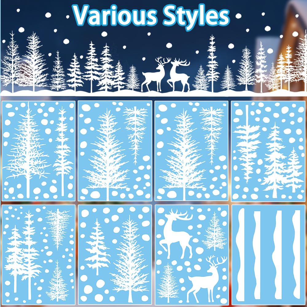 DIYDEC 8 Sheets Christmas Window Clings Snowy Christmas Forest Trees Window Decals Double-Sided Winter Window Stickers Decorations for Xmas Holiday Home Party Glass