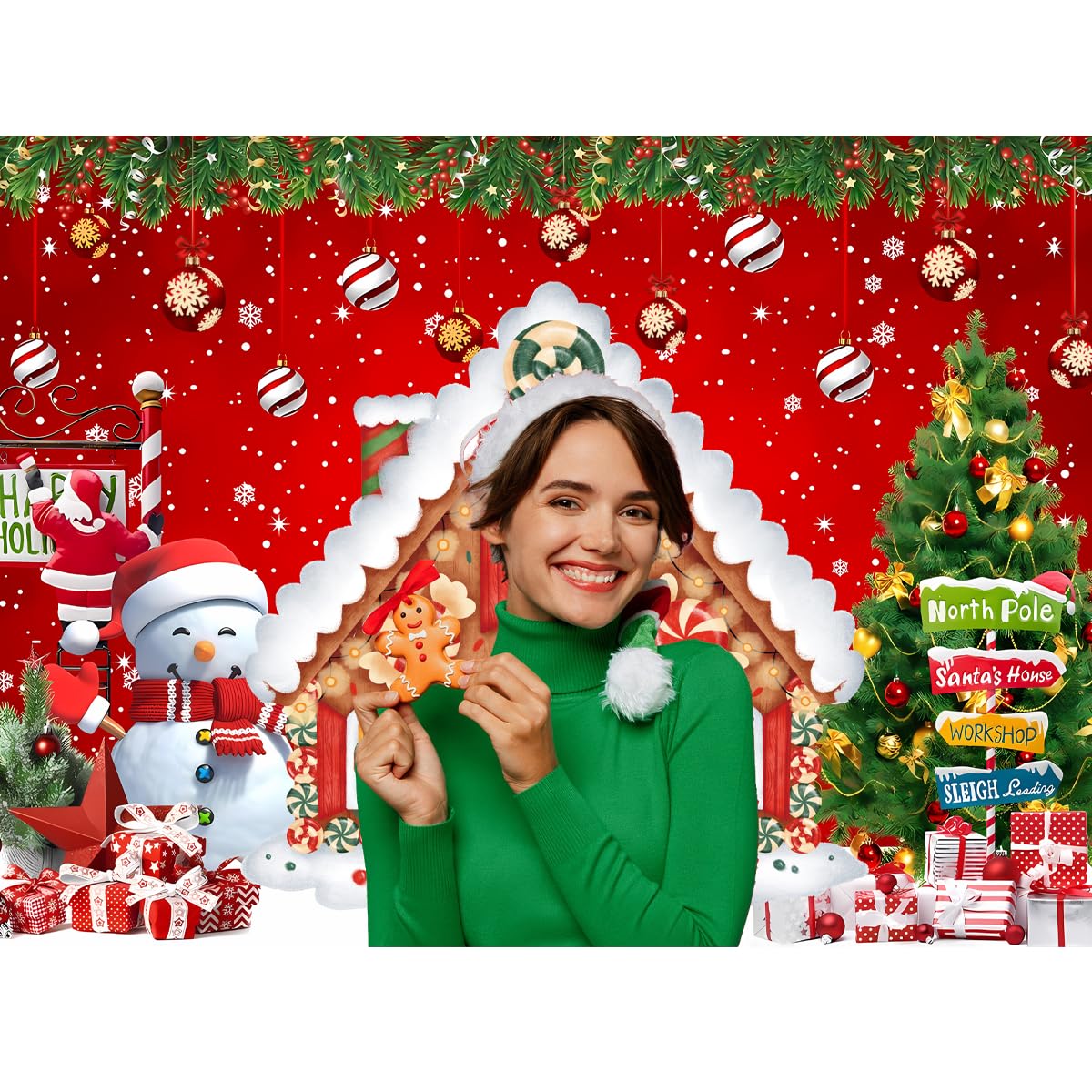 Christmas Backdrop Gingerbread House Backdrop for Wall Photoshoot Winter Merry Xmas Tree Background Santa Xmas Background Holiday Party Decorations 7x5ft