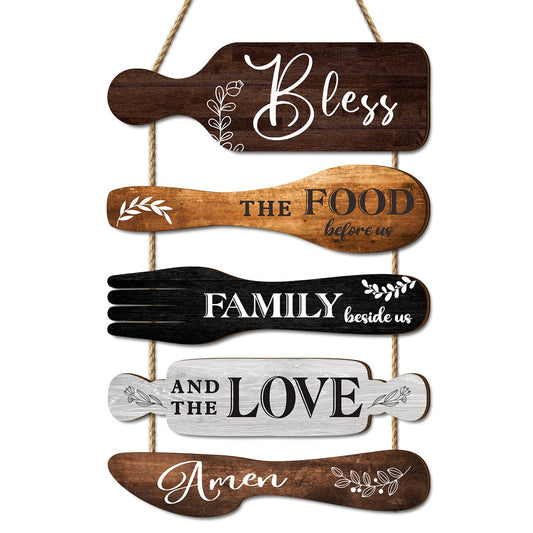 Dazzlewall 5Pcs Kitchen Wall Decor, Bless the Food Cookware Shaped Hanging Signs for Farmhouse Kitchen Rustic Wooden Plaques for Country Dinning Room