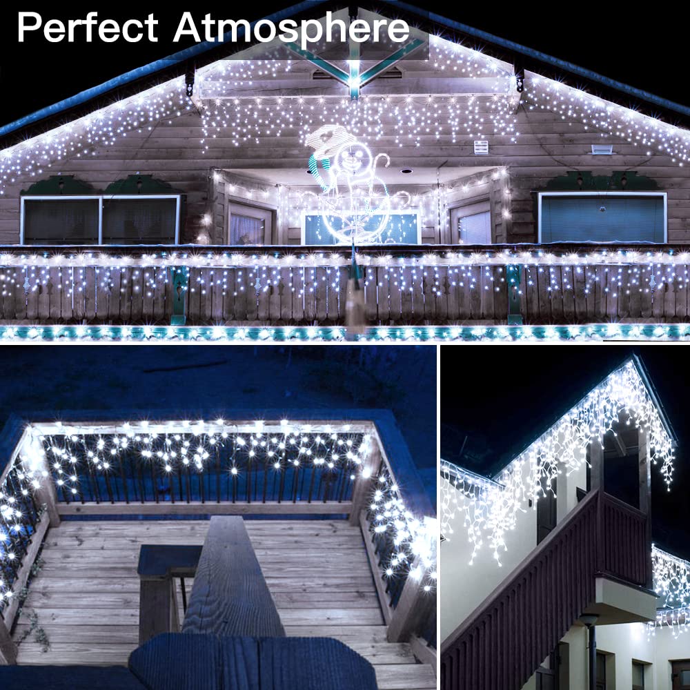 Ollny Icicle Lights 720LED 60FT, Cool White Christmas Lights with Remote 8 Modes Dimmable, Waterproof Connectable Timer Hanging Light for House Outdoor Outside Yard Indoor Decorations