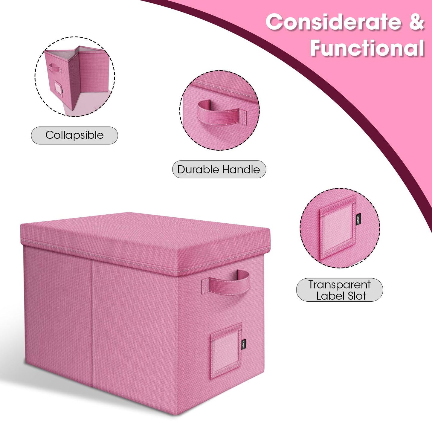 Onylin File Organizer Box with Lid, Linen Hanging File Storage Box with Handle, Collapsible Document Filling Box for Letter/Legal Folder, Portable File Box for Office/Decor/Home (1 Pack, Pink)