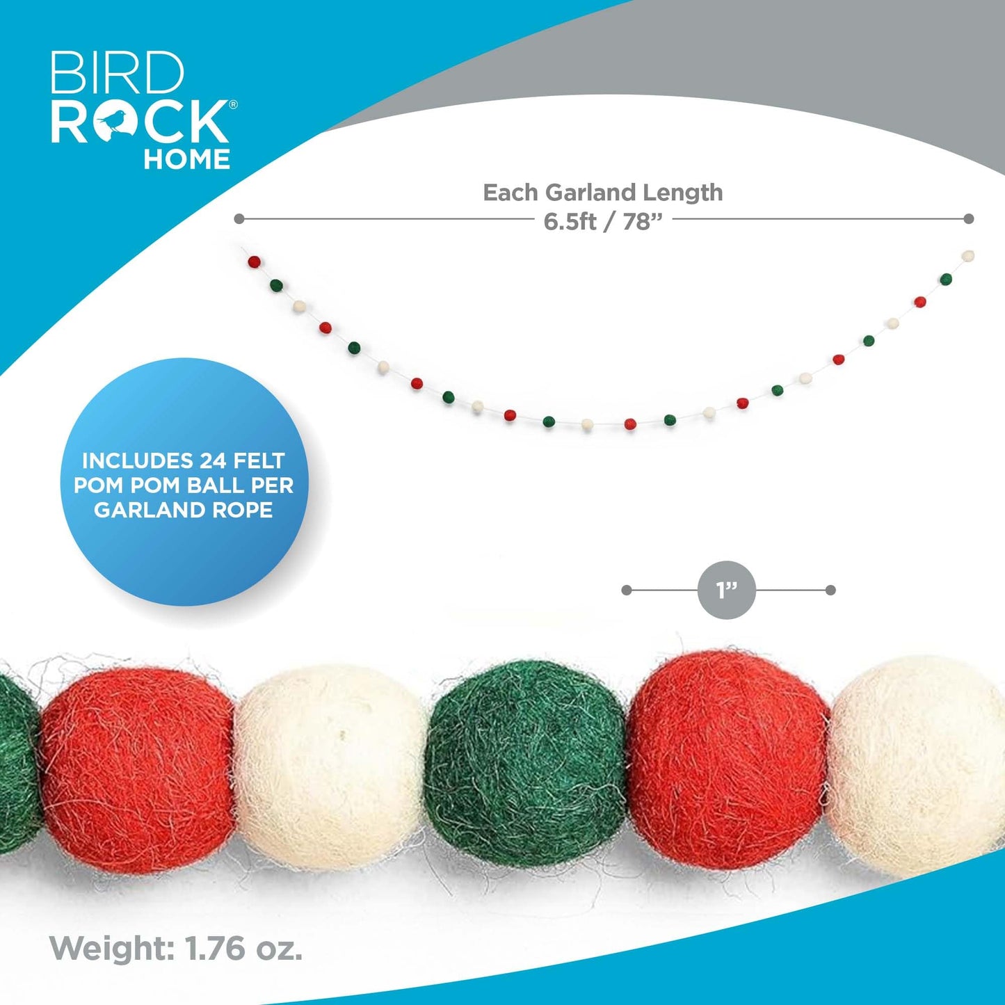 BIRDROCK HOME 3-Pack Felt Garland | 6.5ft or 78in Long Christmas Decoration with 24 Pom Pom Balls in Red, White & Green. Ideal for Trees, Fireplace Mantels, Stairs, Walls & Festive Holiday Decor Ideas