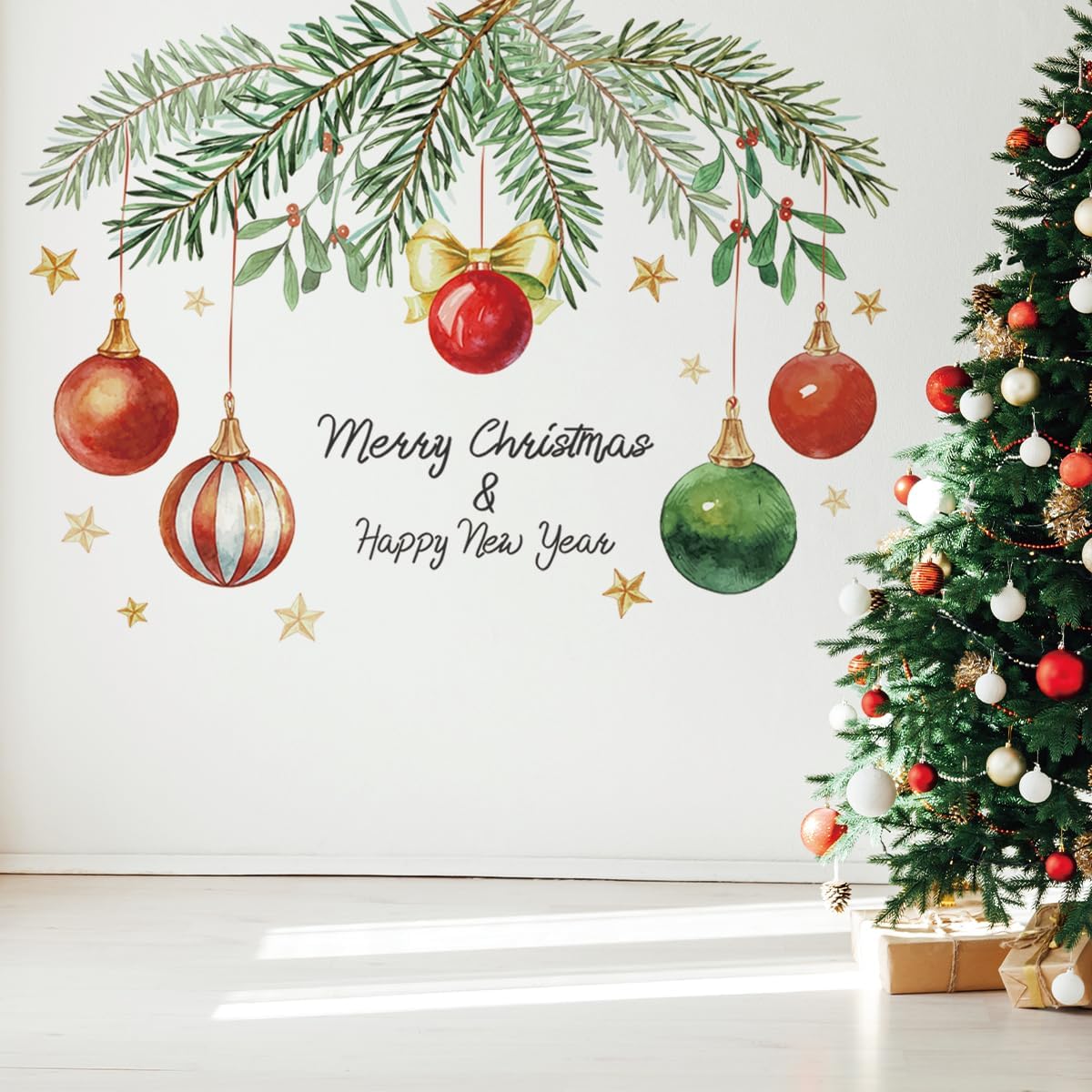 Merry Christmas Wall Decals Happy New Year Wall Stickers Removable Light Ball Wall Decals Decor for Xmas Holiday Party Supplies Home Decor