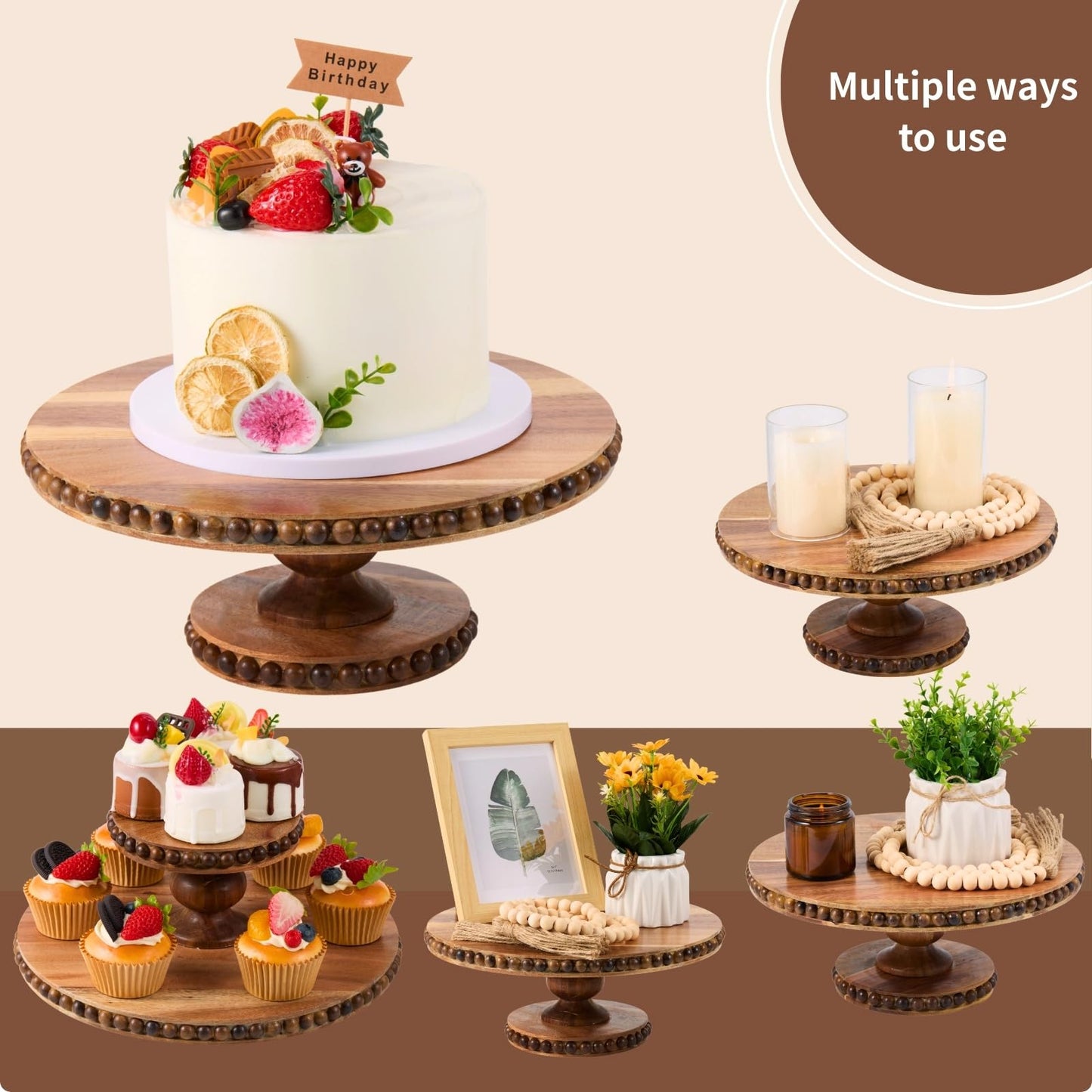 THORNIA Acacia Wood Cake Stand with Handcrafted Beaded Edge - 12 inch Round Decorative Tray & Display Stand for Wedding, Rustic Home Decor, Centerpiece, Desserts, Vanity or Coffee Table