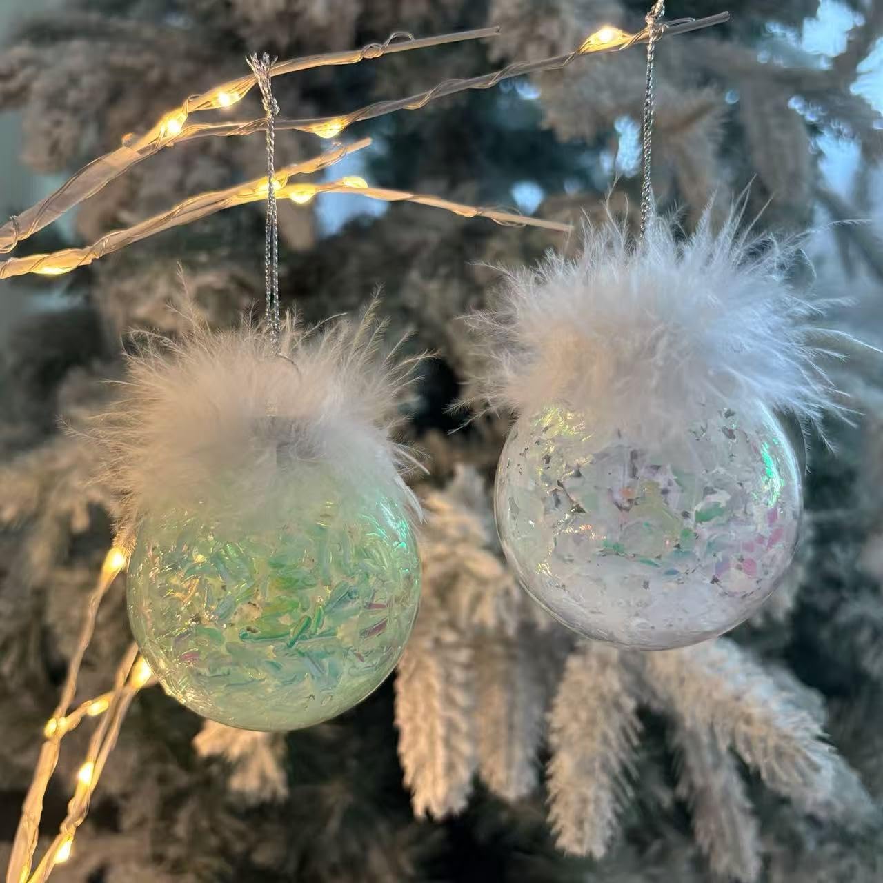 Feather Christmas Ornaments Ball for Home Décor – Clear & Soft Green Glitter Hanging Baubles, Shatterproof Modern Tree Decorations for Living Room, Fireplace, Table Styling, 6 Pack 2.36inch