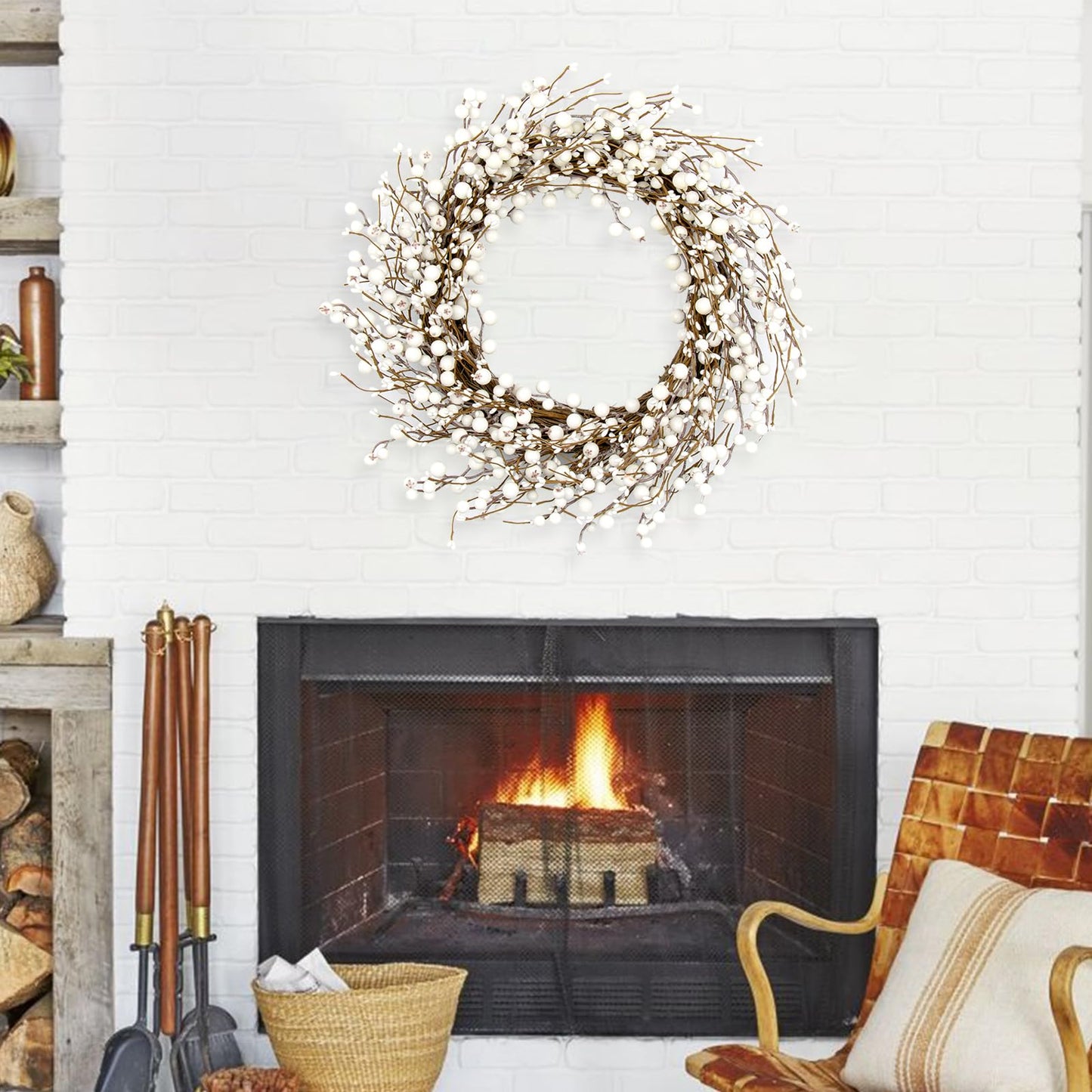 JINGHONG Winter Wreaths for Front Door 20 Inch Artificial Winter Wreath White Berry Wreath for Indoor Outdoor Window Wall Christmas and Winter Celebration
