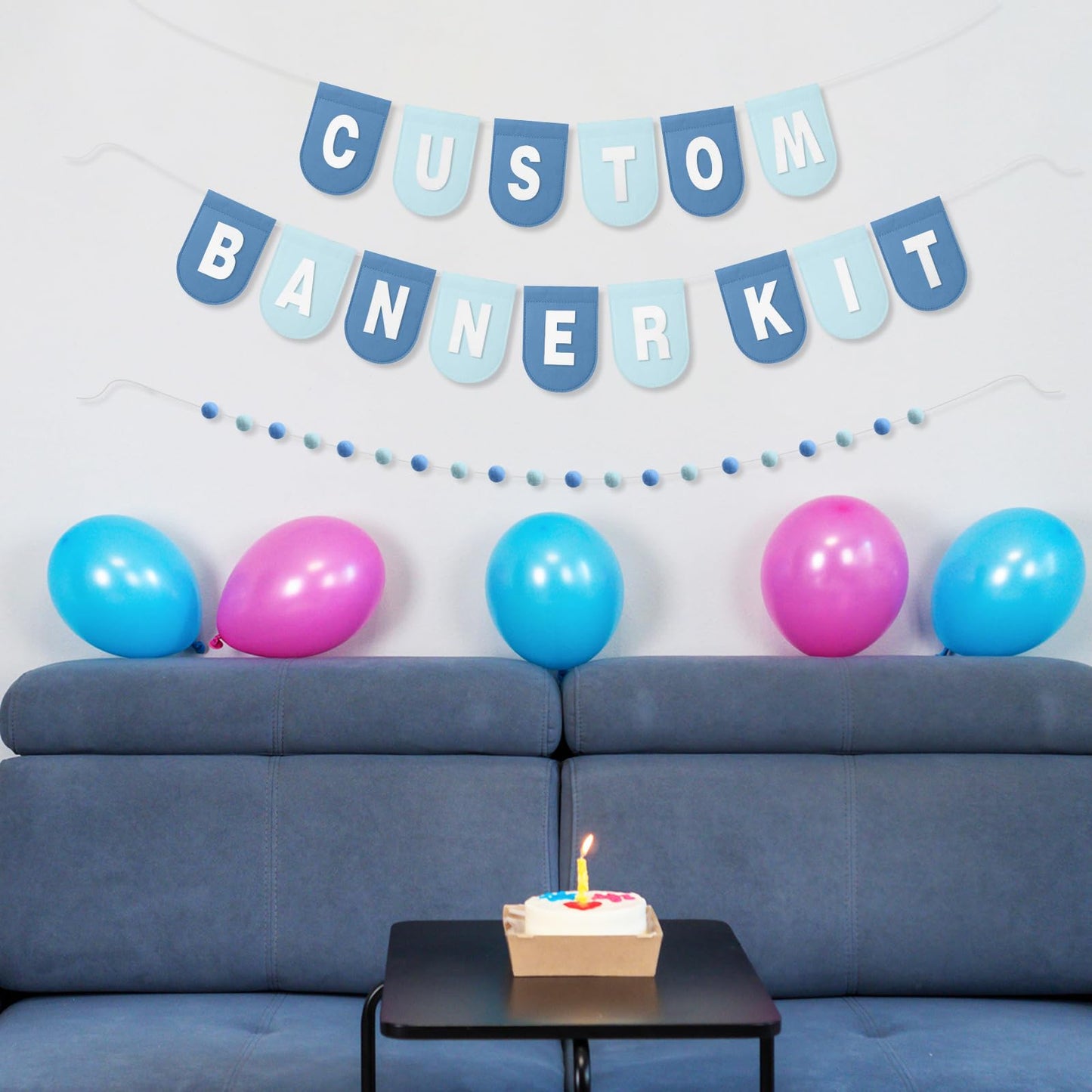 Hahafelt 125 Pcs Make Your Own Banner Kit Personalized Handmade Name Scallop Felt Banner for Baby Nurseries Kids Rooms Decor, Custom Banners for Birthday Wedding Baby Shower(Blue)