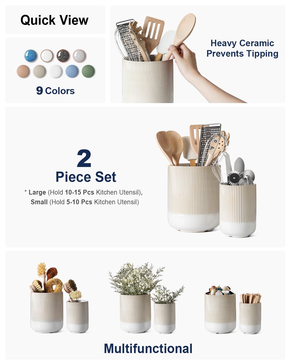 LE TAUCI Utensil Holder for Kitchen Counter, 7.3"+5.4" Fluted Ceramic Utensil Crock Organizer for Countertop, Heavy Large Holder for Spatulas, Spoons, Set of 2, Warm White Glaze