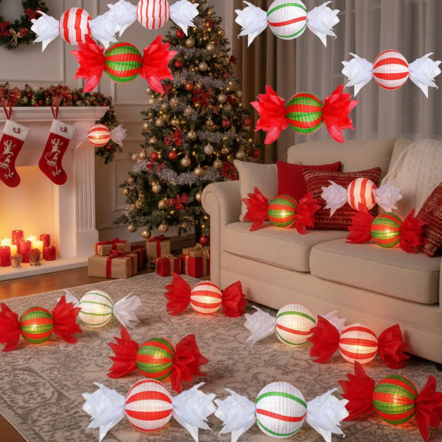 Riakrum 12 Pcs Christmas Candy Paper Lanterns 10 Inch Red Green White Christmas Hanging Paper Lantern Decorations Craft Sets for Xmas Party Supplies Indoor Outdoor Decor