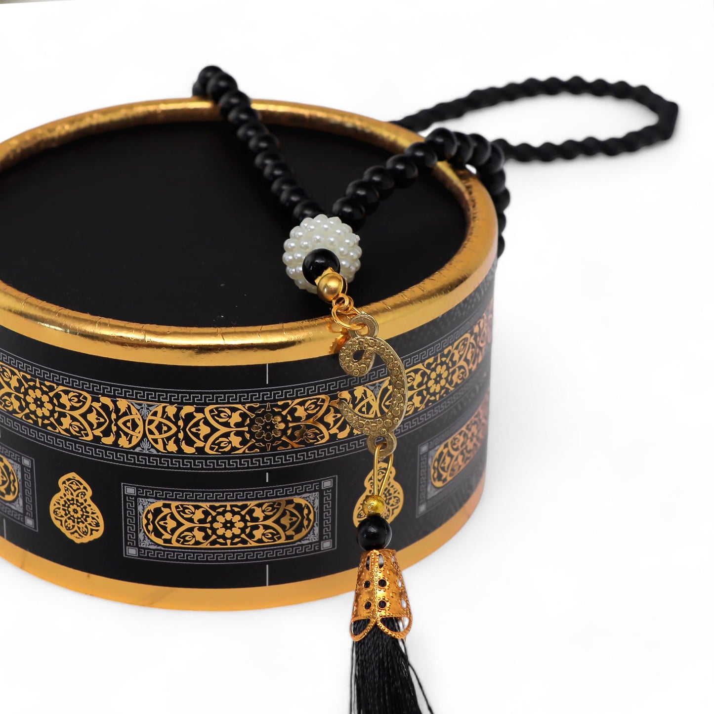 FURKAN Muslim Prayer Rug & Beads Set with Stylish Cylinder Gift Box Janamaz Sajadah Prayer Mat Perfect Islamic Spiritual Gift for Ramadan Islamic, Cylinder Gift Box - Model 2 - Black