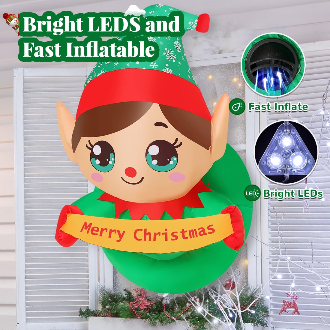 GOOSH 3.4 FT Christmas Inflatable Elf Outdoor Decorations Out from Window Blow Up Yard with Elf Merry Christmas Decoration Built-in LEDs for Holiday Xmas Garden Lawn Indoor Party Decor