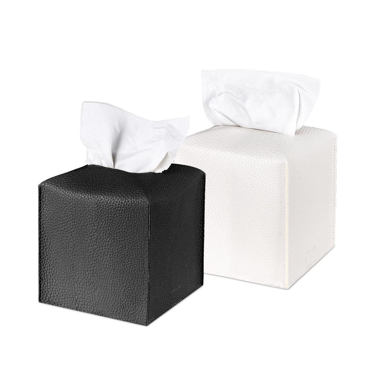 LIVESO Tissue Box Cover, 2 Pack Black & White Square PU Leather Tissue Box Holder Decrative Tissue Cube Organizer for Tabletop, Bathroom, Car, Office