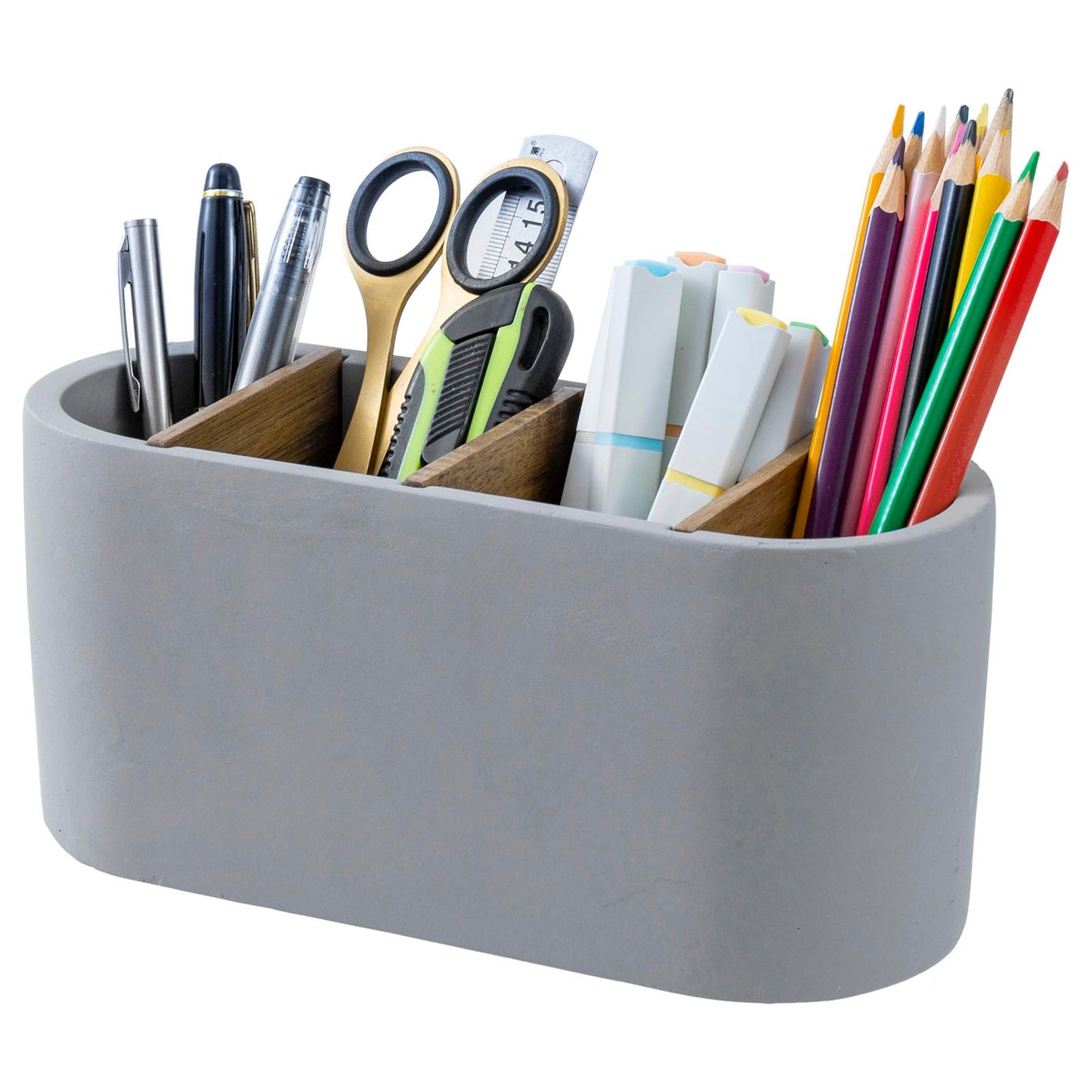 MyGift Pen Holder & Pencil Cup Modern Oval Gray Cement Desktop Office Stationery Organizer with Removable Acacia Wood Dividers