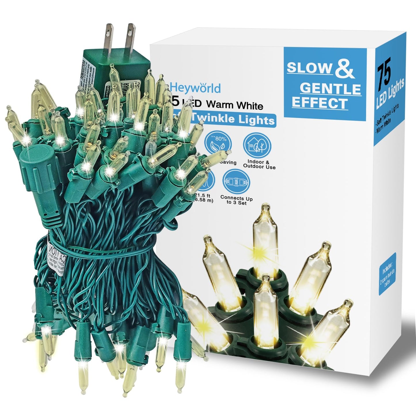 Slow Twinke Lights 75 LED Gentle Twinkling Christmas Lights, UL Certified Waterproof String Lights, 37 of 75 Lights Twinkle, 28 Feet, Connect Up to 3 Sets End to End, Indoor Outdoor Use