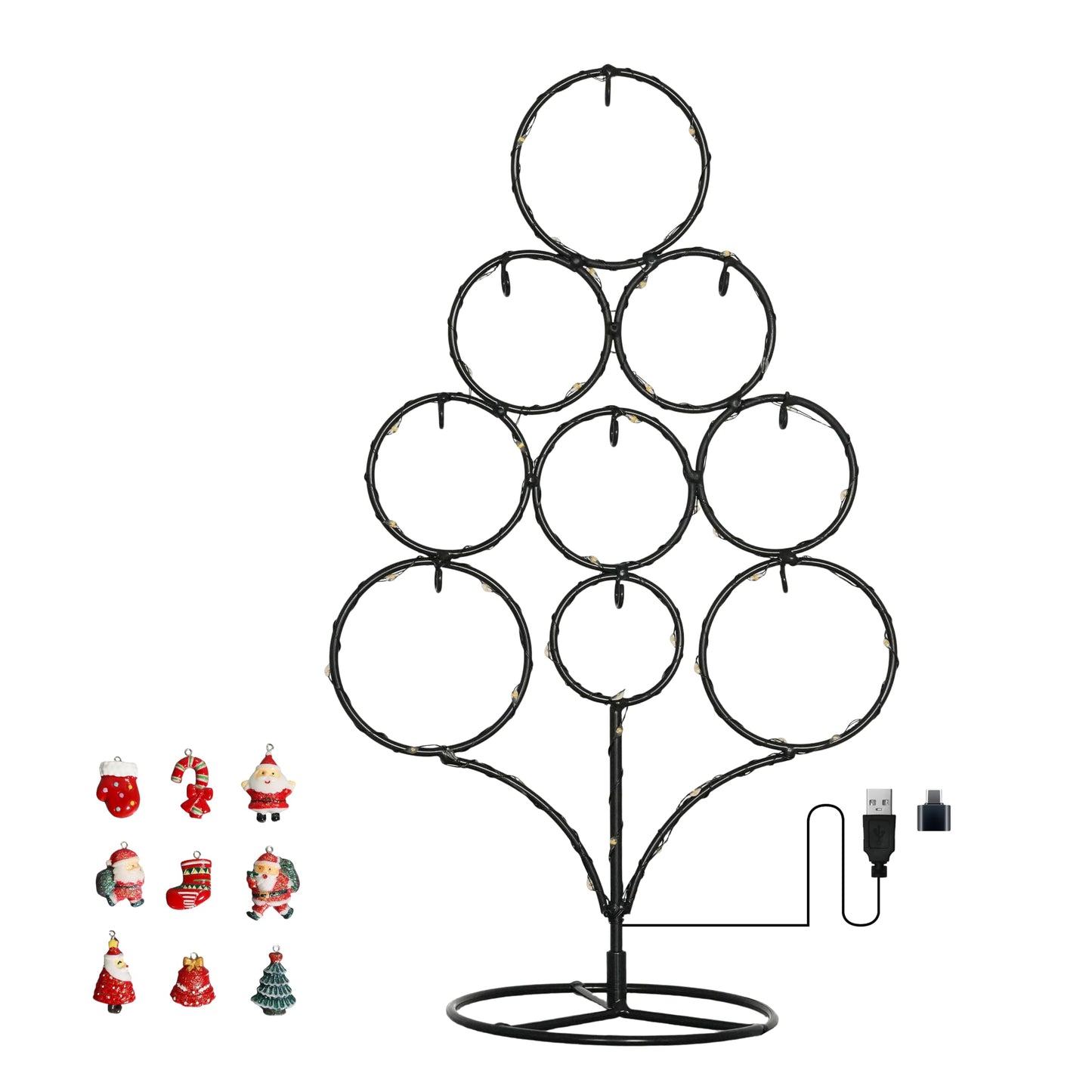 Tabletop Christmas Tree-Ornament Display Stand, 13.19-inch Metal Christmas Tree Wrought Iron with LED Lights, Suitable for Desktop Decoration, Home Decoration, Ornament Display Standparty Giftsi.
