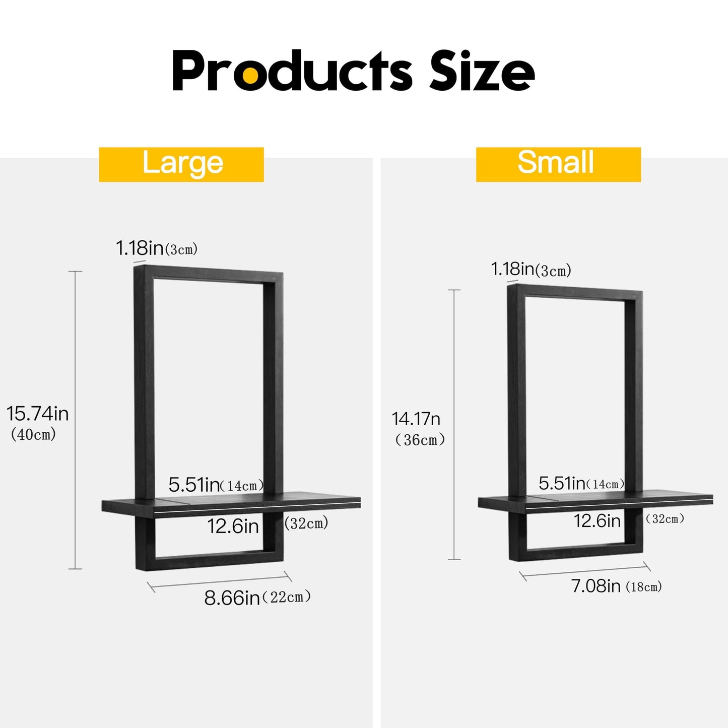 PHOENANCEE Square Floating Shelves,Wall Plants Holder,Bathroom Wall Decor,Framed Decorative Shelf Black,Modern Chic Set of 2 for Living Room Bedroom Home Office,Soild Wood,L+S