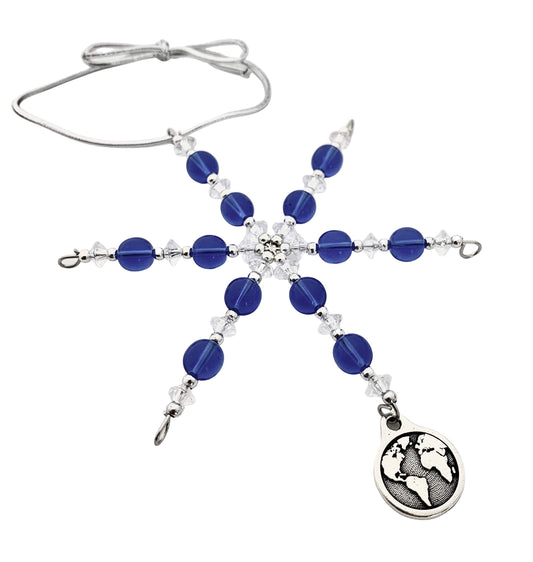 World Earth Ornament - Beaded Snowflake Christmas Ornament/Gift Tag with Pewter Earth Charm with Jewelry Box - Handmade with Blue, Clear and Silver Vintage Beads
