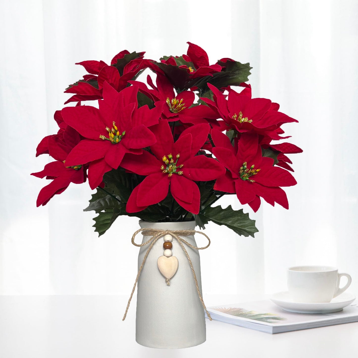 hopeme Artificial Red Poinsettia Christmas Flower Arrangement in Decorative White Vase, Holiday Floral Centerpiece with Heart Accent, Perfect Christmas Décor for Home, Office, or Gifts
