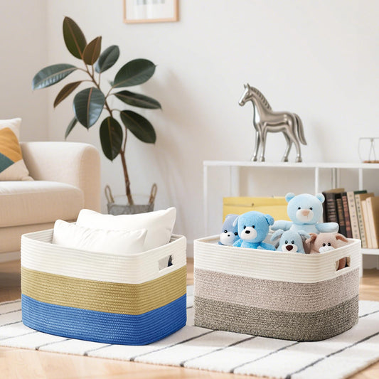 JGNYMG Cotton Rope Basket,Large Blanket Basket for Living Room,Woven cotton rope laundry baskets，For Bathroom Dirty Clothes ，Nursery Toys，pillow storage organization, 72L，Brown and white.