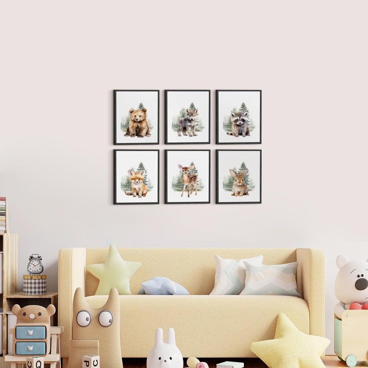 Aroutde 6Pcs Woodland Animal Canvas Wall Art Funny Nursery Room Decor Rabbit Bear Deer Fox Prints Baby Animal Bedroom Picture for Boy Girl Playroom Decoration (8x10 Inch, Unframed)