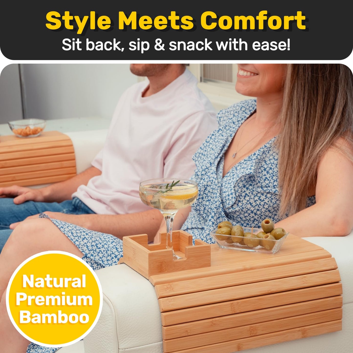 FUN FOREST Bamboo Couch Holder - Non-Slip Furniture Protector, Sofa Armrest Table for Mugs & Tumblers – Weighted 16” Large Natural Bamboo Holder for Recliners and Loveseats