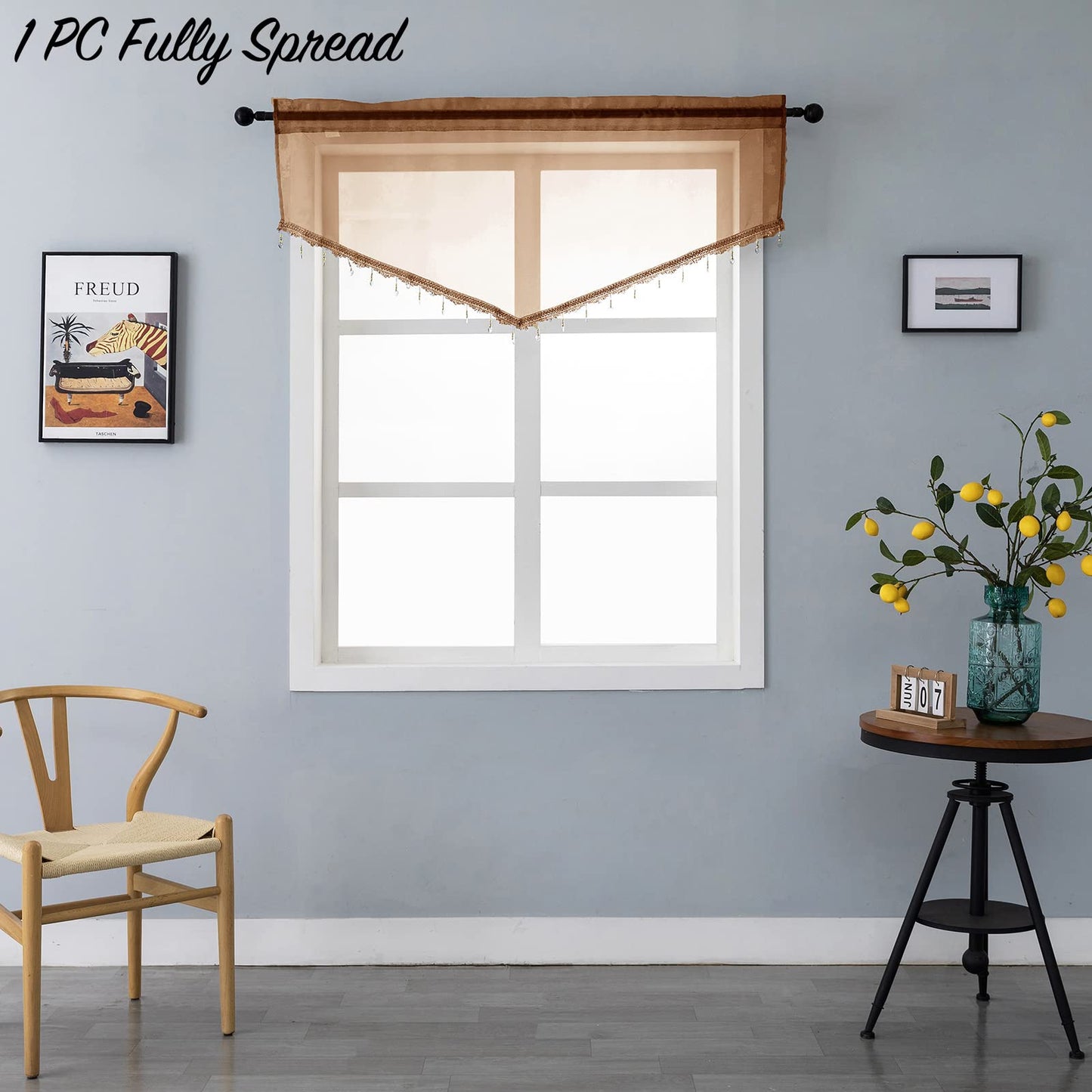 Beaded Sheer Valance Curtains for Living Room,Rod Pocket Farmhouse Window Valance, Bead Trim Tassel Voile Sheer Curtain Valance for Bedroom Bathroom Cafe 51x24 Inches (Brown) 1PC