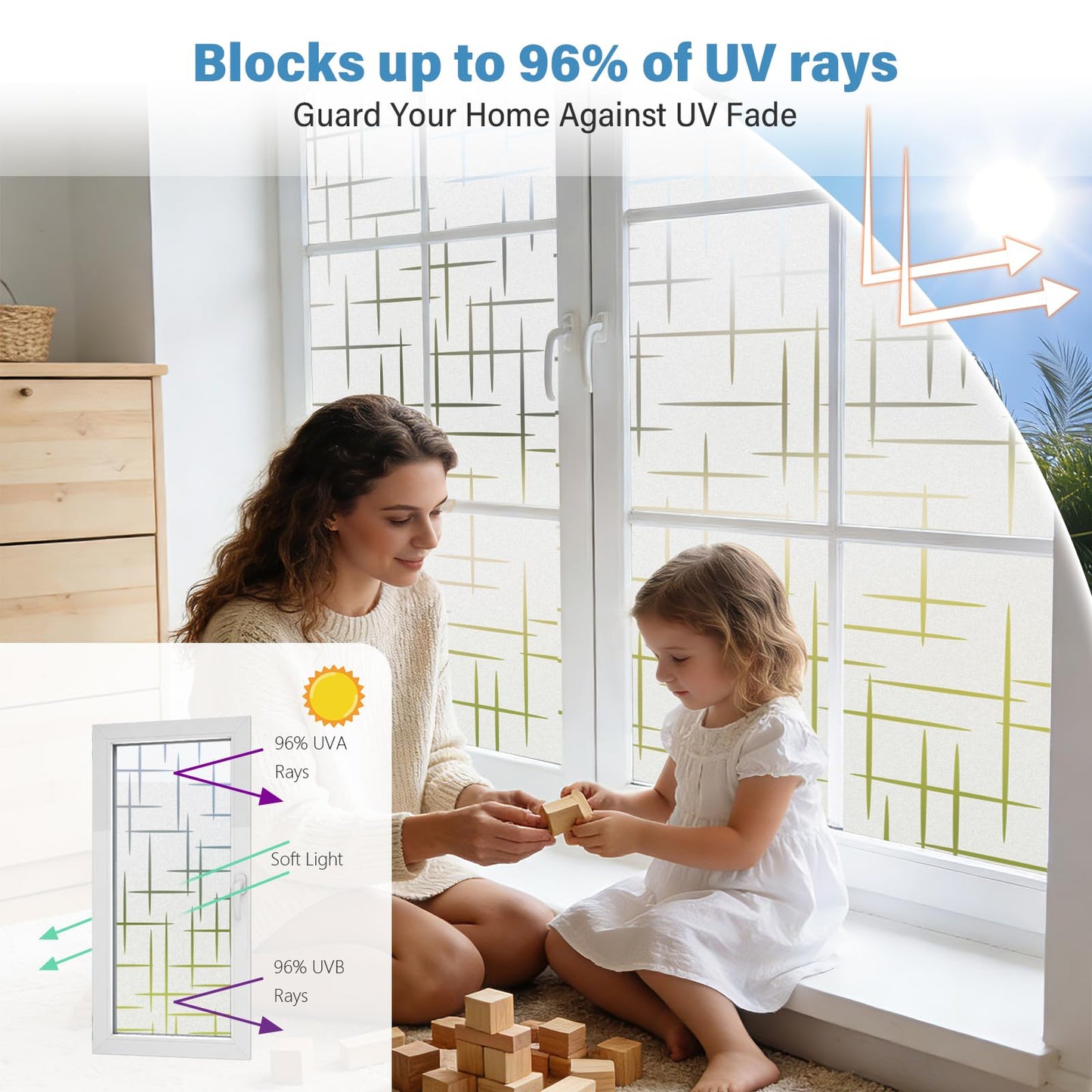 Finnez Frosted Window Film Non-Adhesive, Frosting Privacy Film for Glass Windows, Self Static-Cling Decorative Window Cling for Home Office UV Protection Cross Pattern 17.5 x 78.7 inches