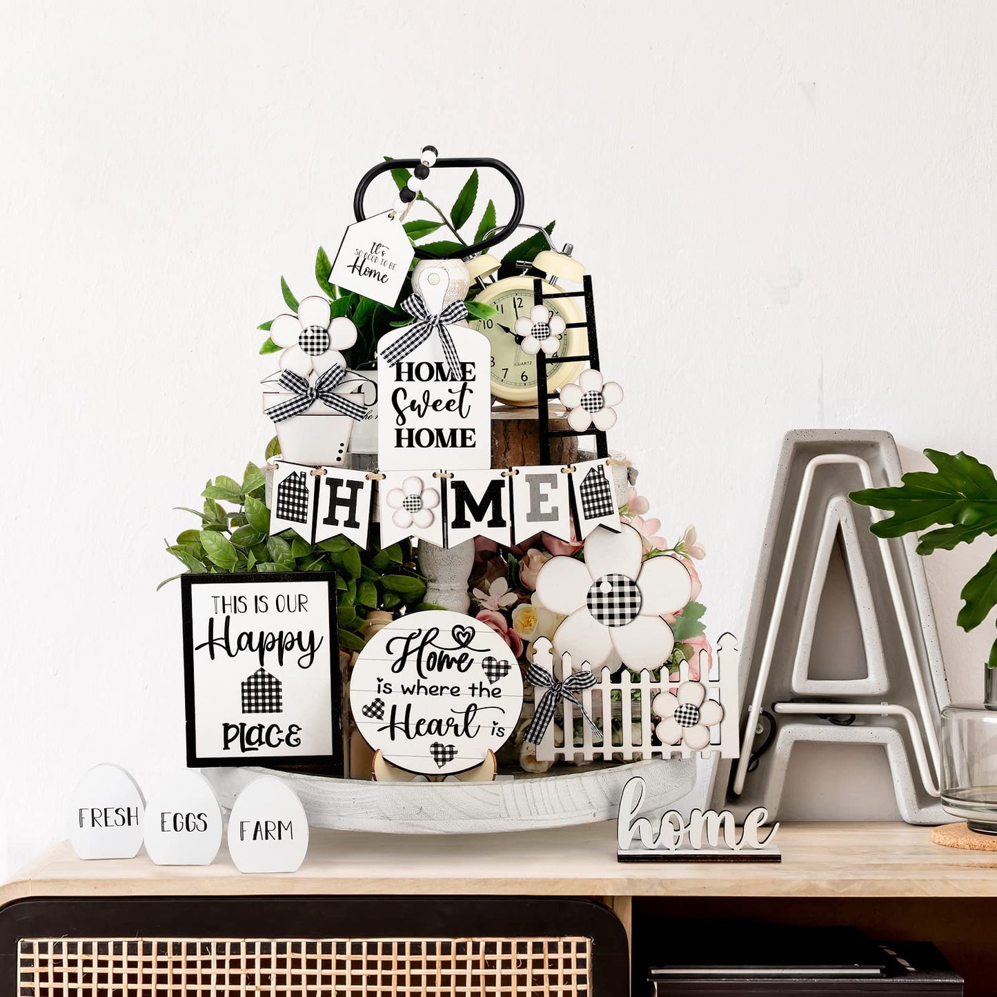 Tatuo 18 Pcs Farmhouse Tiered Tray Decor Set Home Wooden Signs Rustic Home Tiered Tray Decorations Buffalo Plaid Farmhouse Tabletop Wood Signs for Kitchen Table Shelf Decor