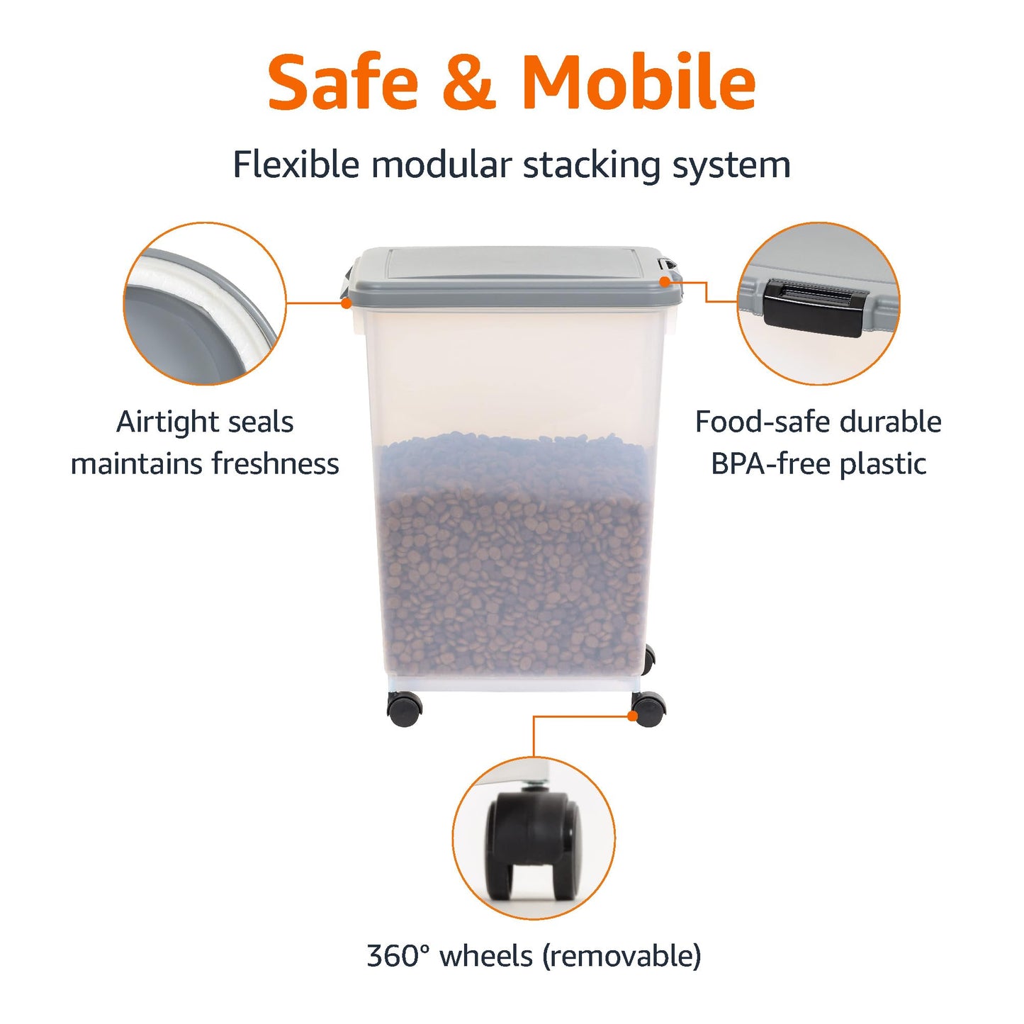 Amazon Basics Airtight Pet Food Storage Container with Scoop, BPA Free, Removable Wheels, 69 QT, Gray