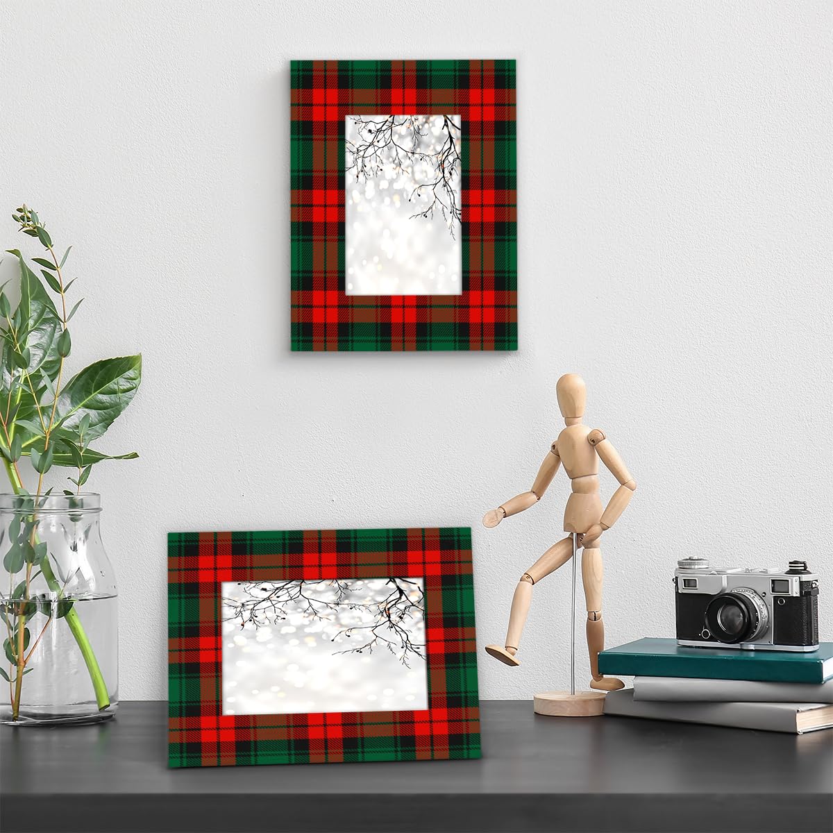 POFATO Christmas Plaid Pattern 5x7 Picture Frame Wooden Picture Frames for Wall Hanging & Tabletop Decor Display 5x7 or 5x5 Picture Collage Family Weddings Christmas Photo Frame for Gift