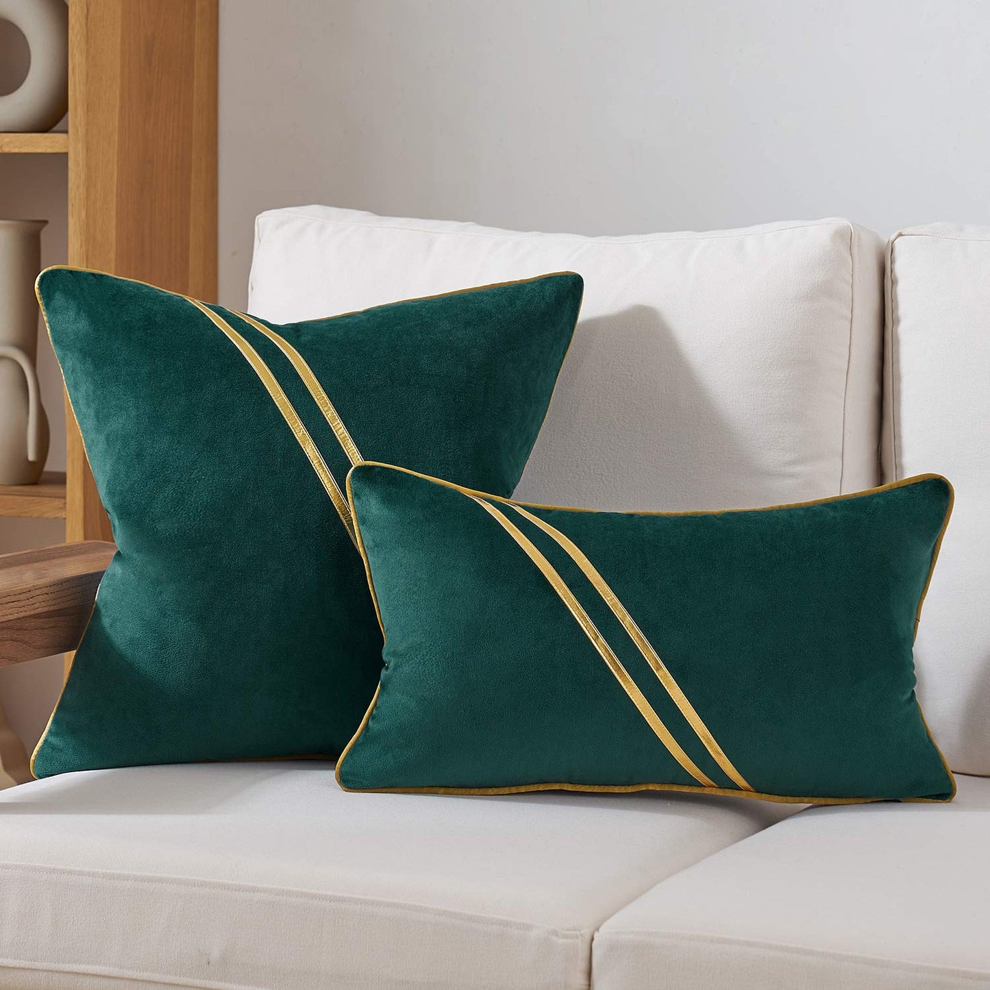 Avigers 18 x 18 Inch Teal Gold Leather Striped Lines Velvet Cushion Case Luxury Modern Throw Pillow Cover Decorative Pillow for Couch Living Room Bedroom Car