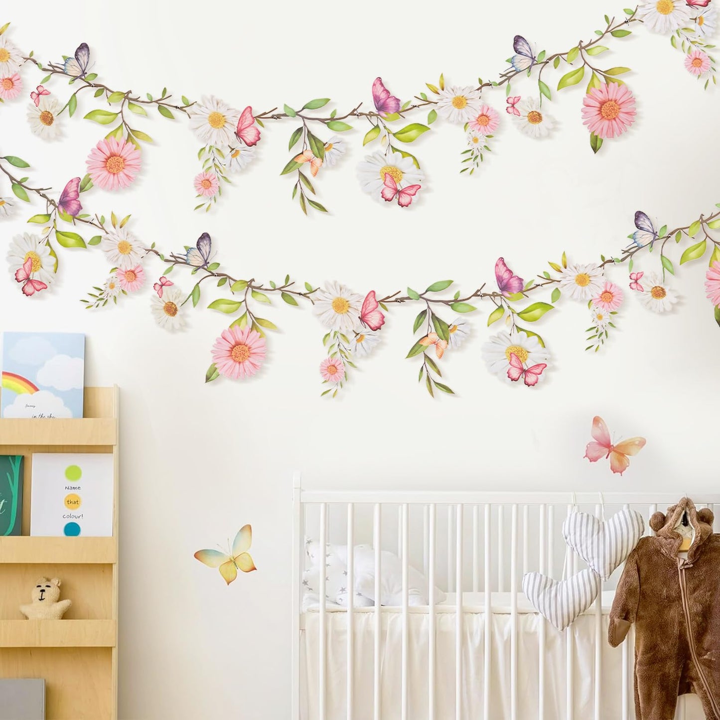 SUNBEAUTY 2Pcs Butterfly Daisy Garland Banner Reusable Waterproof Wildflower Garland 13ft for Enchanted Garden Woodland Birthday Baby Shower Bloom Tea Party Wedding Mother's Day Backdrop Decorations