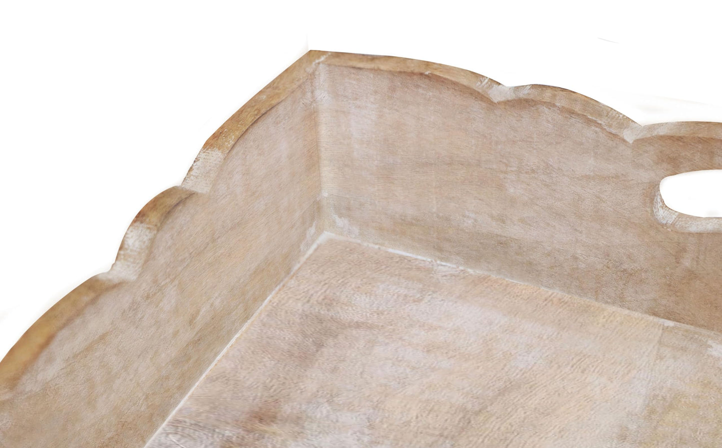 Hand Carved Solid Wood Serving Tray - Decorative Breakfast Tray with Handles - Rustic Food Tray with Intricate Detail - Unique Furnishing Accent - White Wash - 17 x 13 x 2.75 Inches - COTTON CRAFT