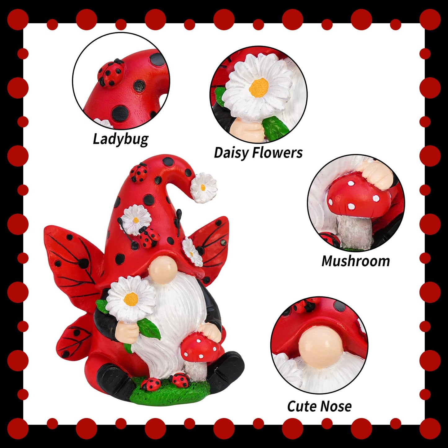 KnomeKo Ladybug Gnome Garden Decor, Fairy Gnome Figurine with Flowers, Spring Summer Outdoor Garden Decorations for Yard Lawn Patio, Garden Gifts for Women