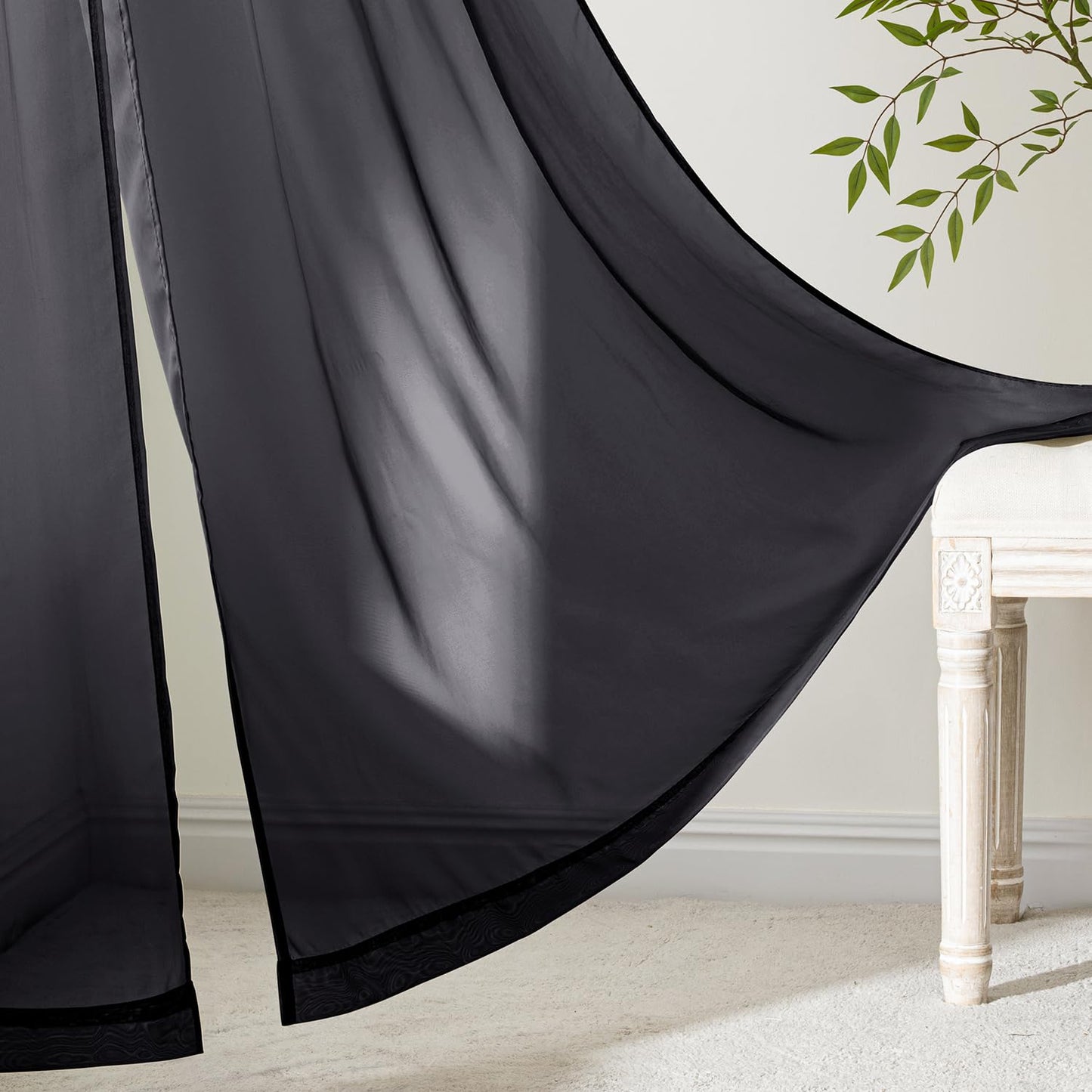 MIULEE Black Sheer Curtains 84 Inches Long, 4 Panels Set, Light Filtering Rod Pocket Voile Halloween Drapes for Living Room and Bedroom, Airy Soft Fabric Window Treatments, 42 x 84 Inches