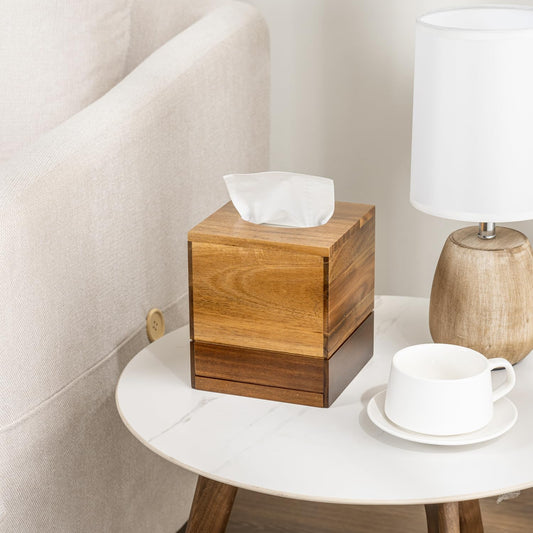 MyGift Premium Dual Tone Solid Acacia Wood Square Bathroom Facial Tissue Box Dispenser Holder Cover with Slide-Out Bottom Panel, 5.5 x 5.5 x 6.3 Inches